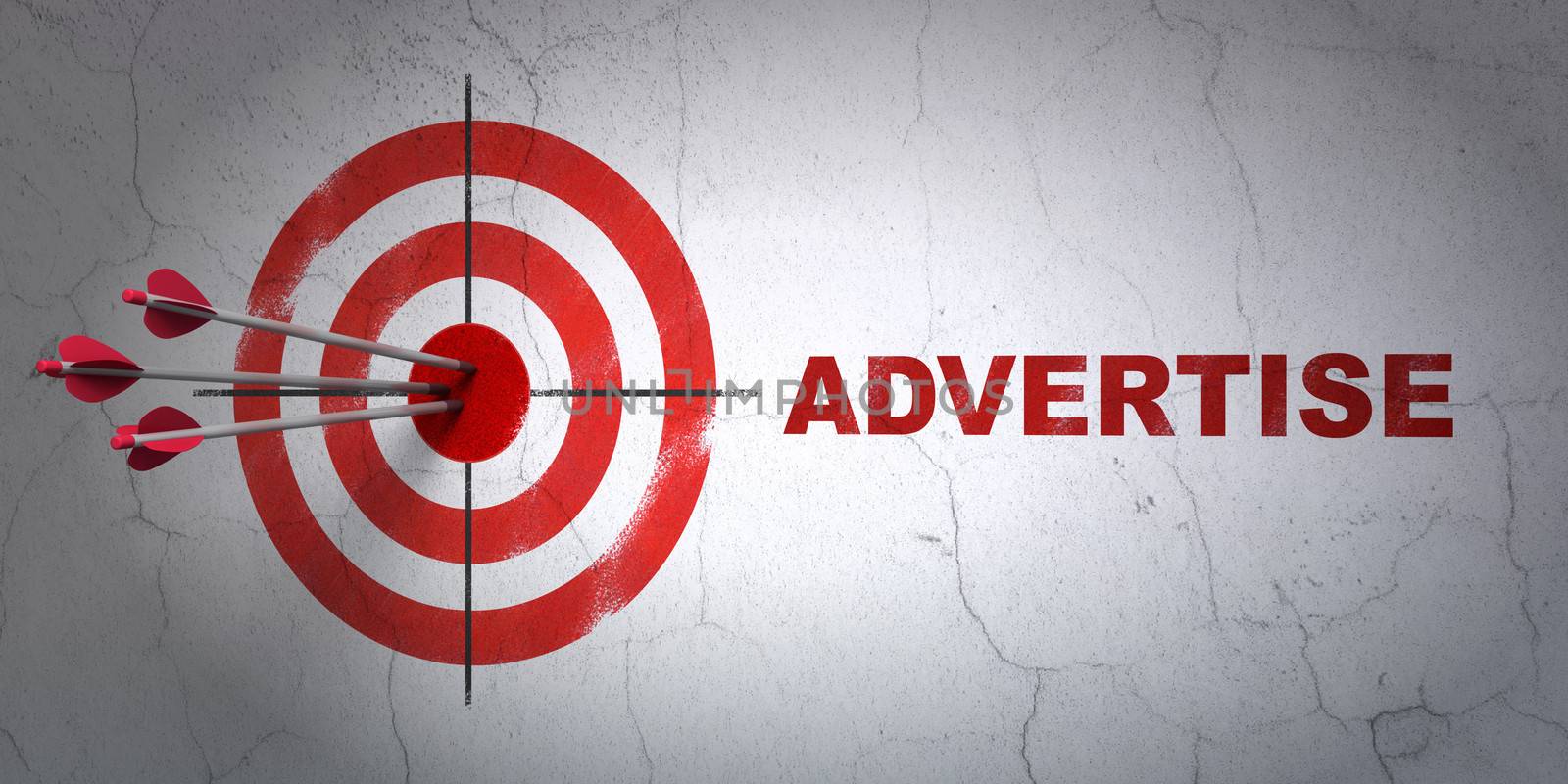 Success advertising concept: arrows hitting the center of target, Red Advertise on wall background, 3d render