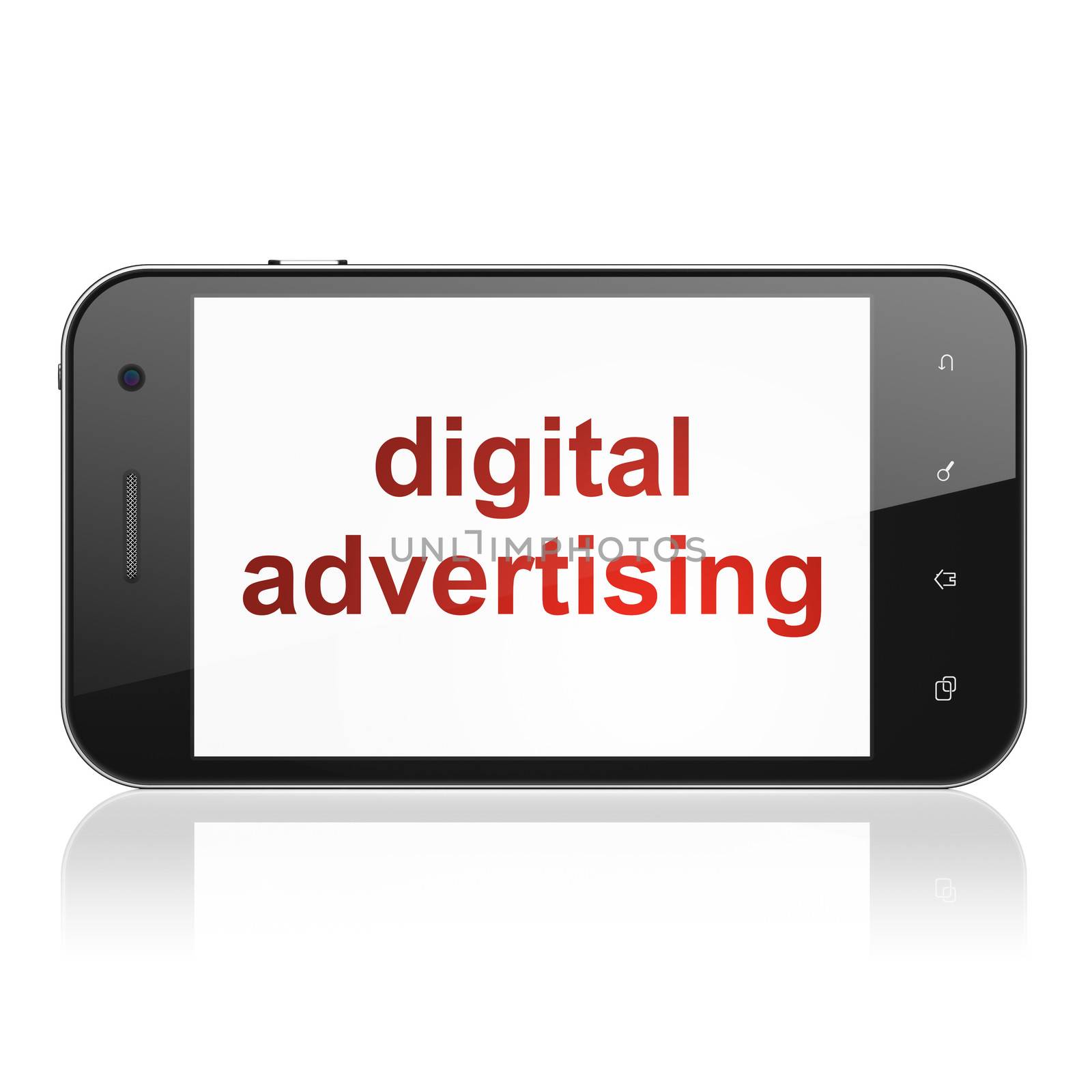 Marketing concept: smartphone with text Digital Advertising on display. Mobile smart phone on White background, cell phone 3d render