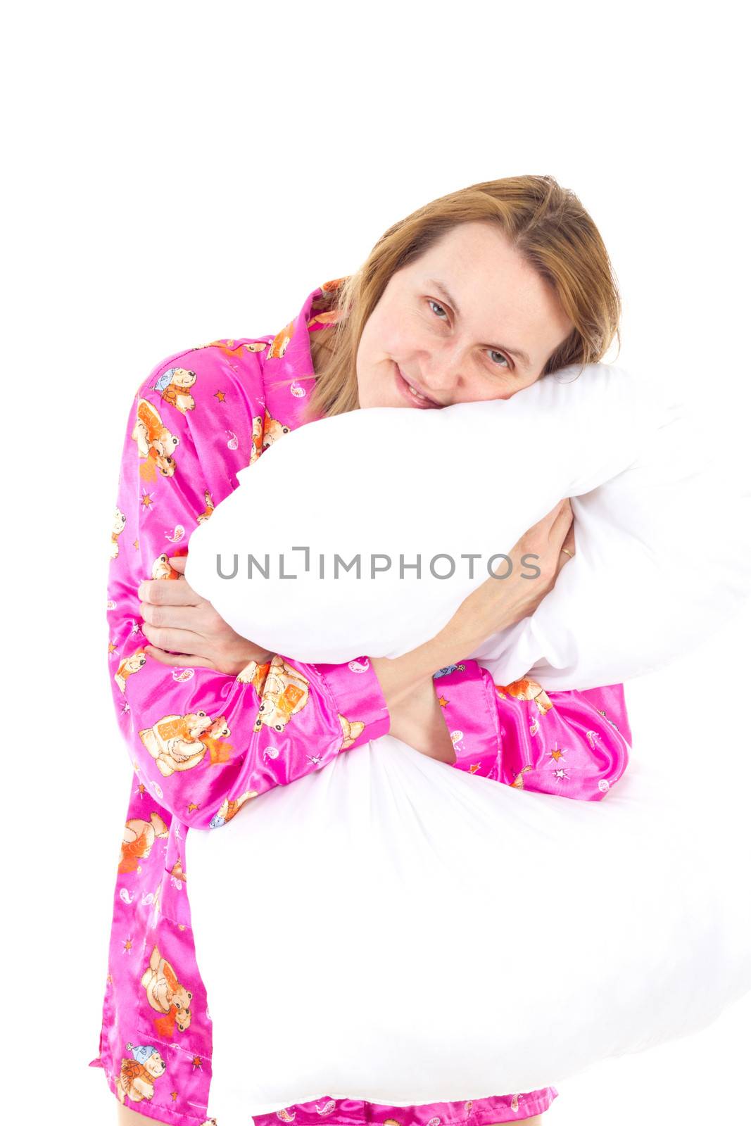Blond woman in pink pajamas wants to sleep