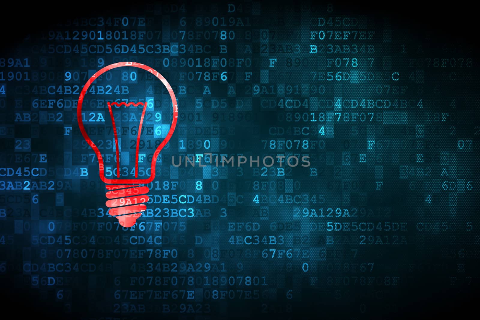 Business concept: pixelated Light Bulb icon on digital background, empty copyspace for card, text, advertising, 3d render