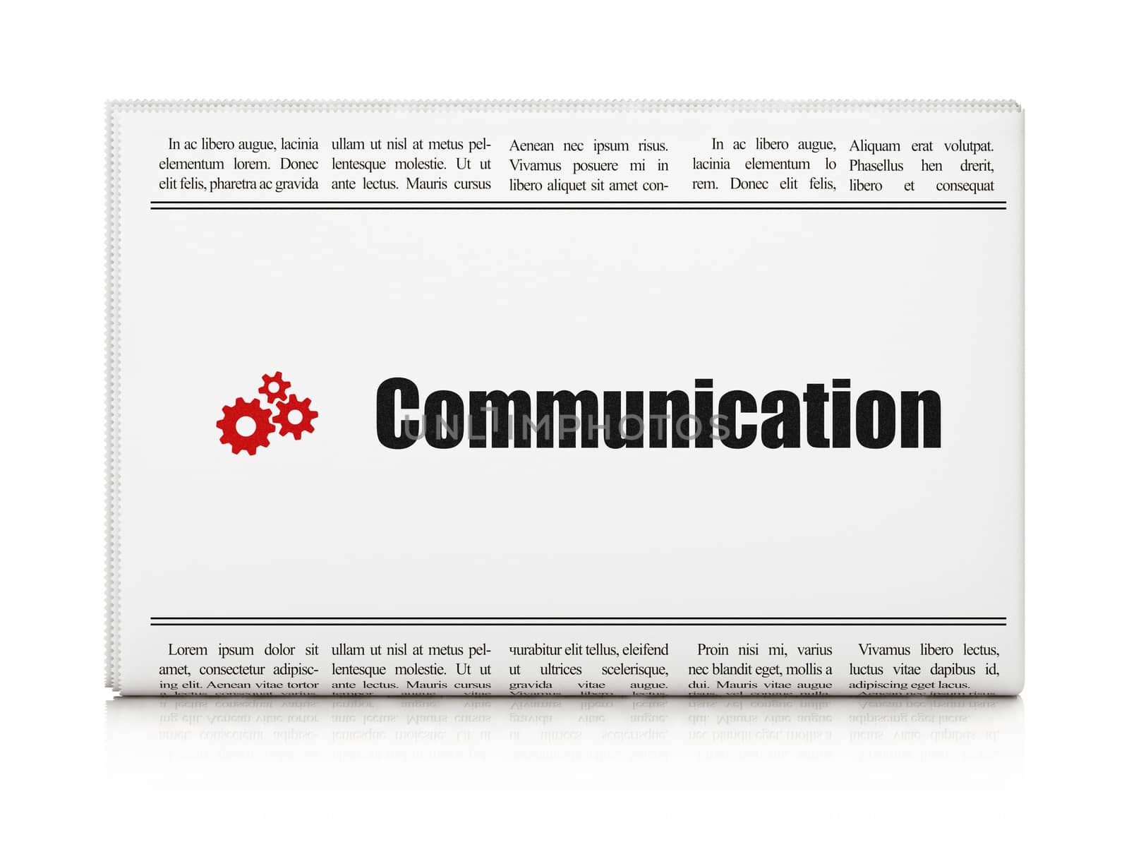 Marketing concept: newspaper headline Communication and Gears icon on White background, 3d render