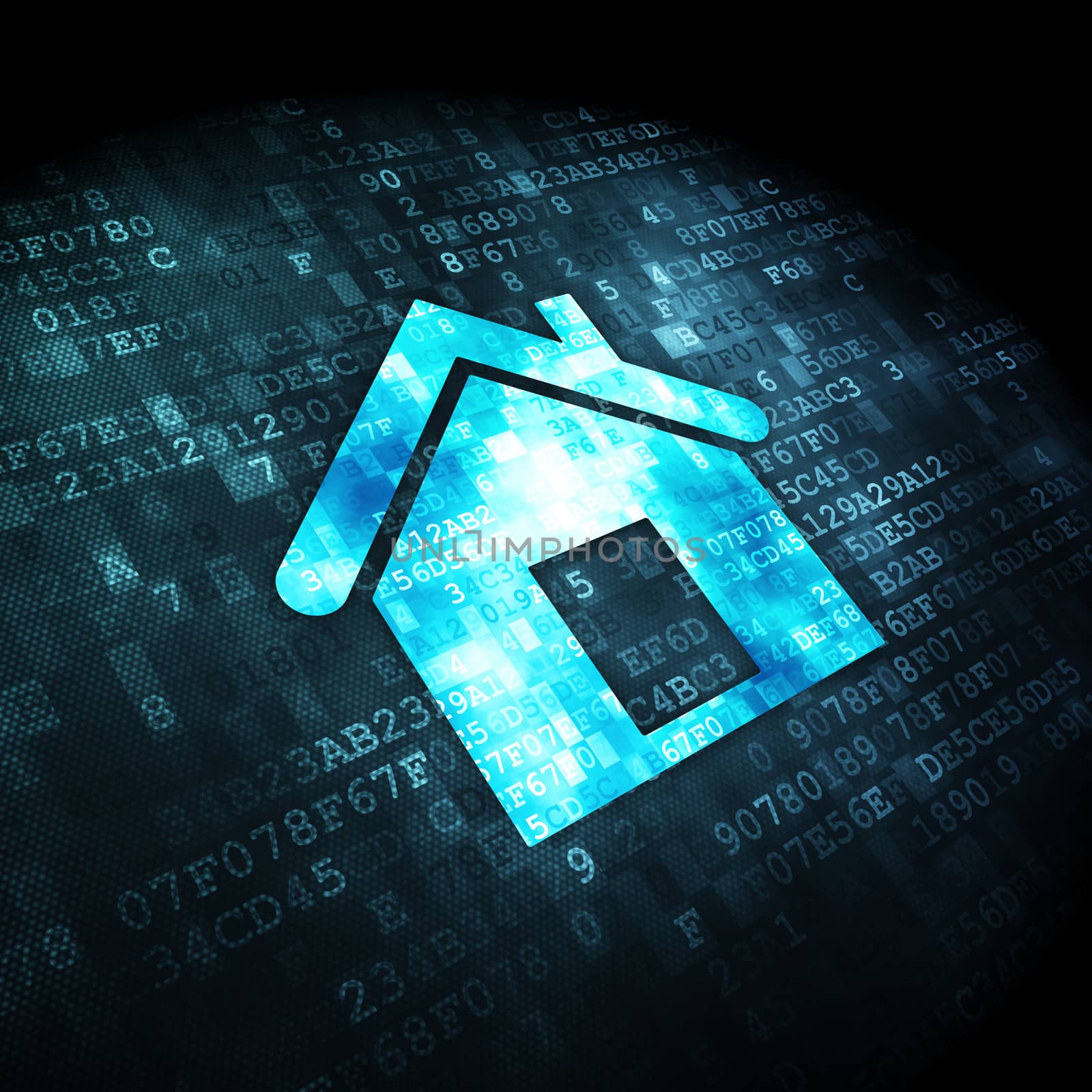 Business concept: pixelated Home icon on digital background, 3d render