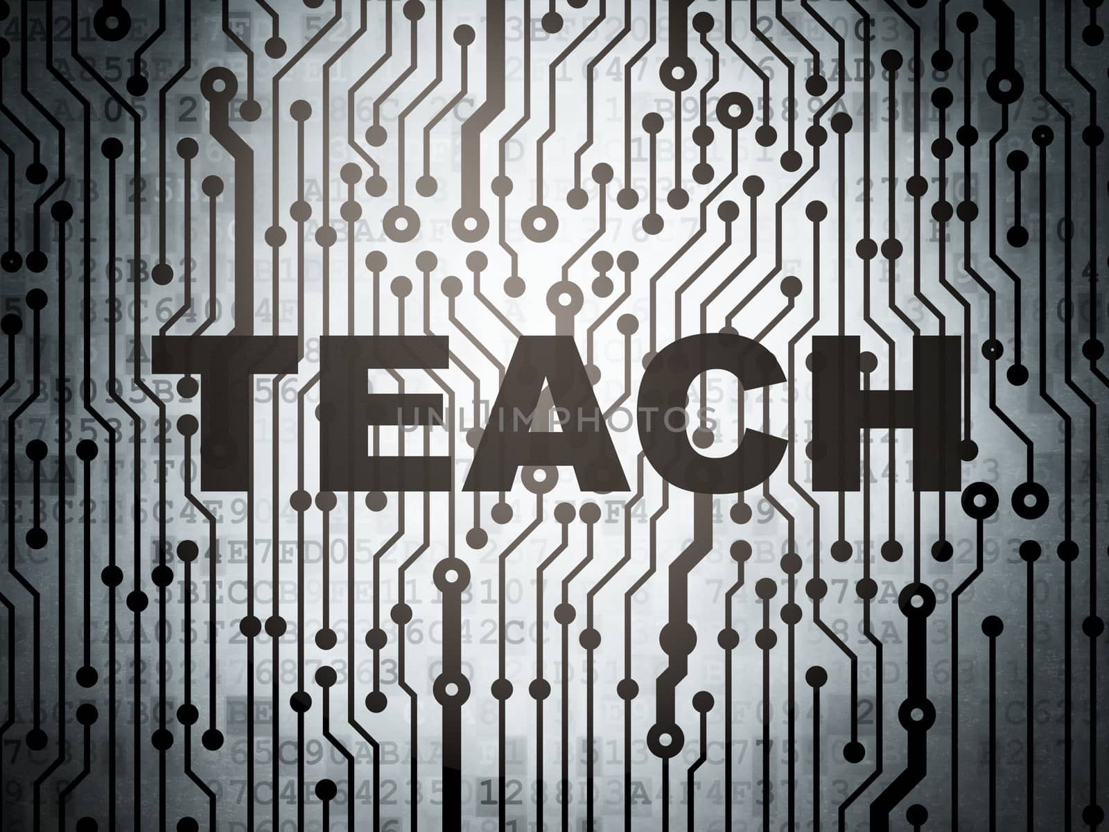 Education concept: circuit board with  word Teach, 3d render