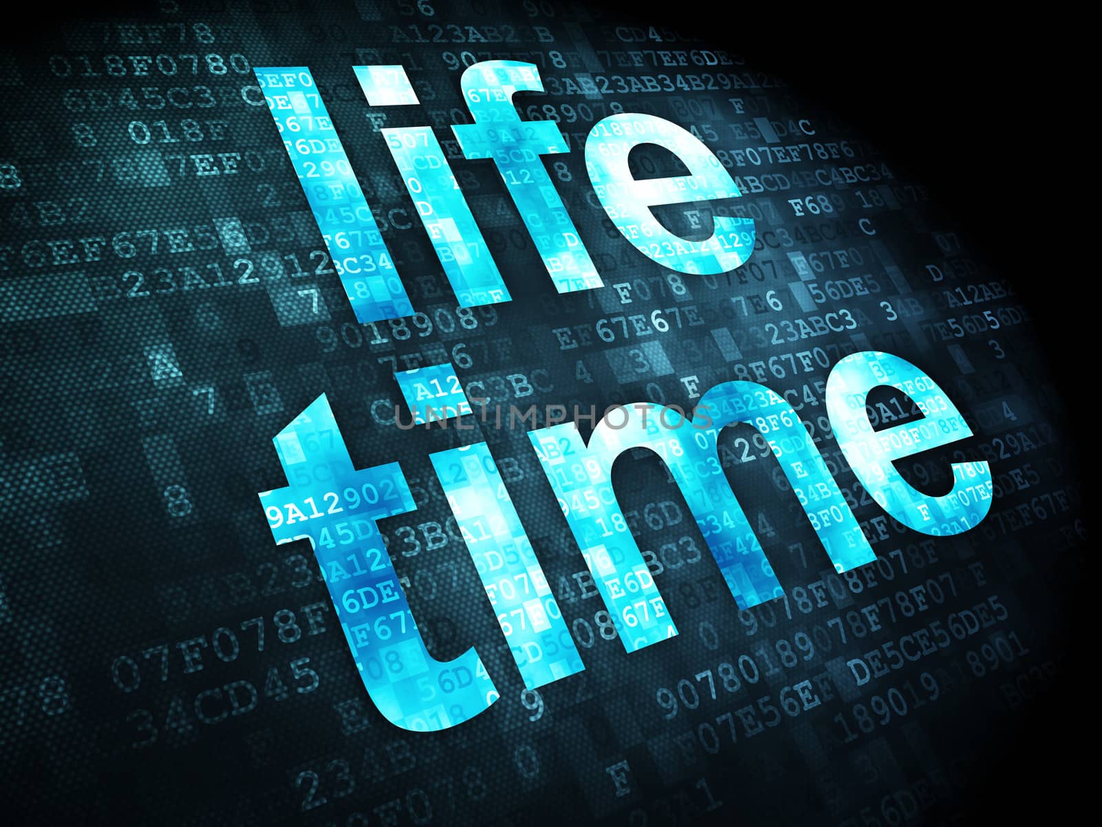 Timeline concept: pixelated words Life Time on digital background, 3d render