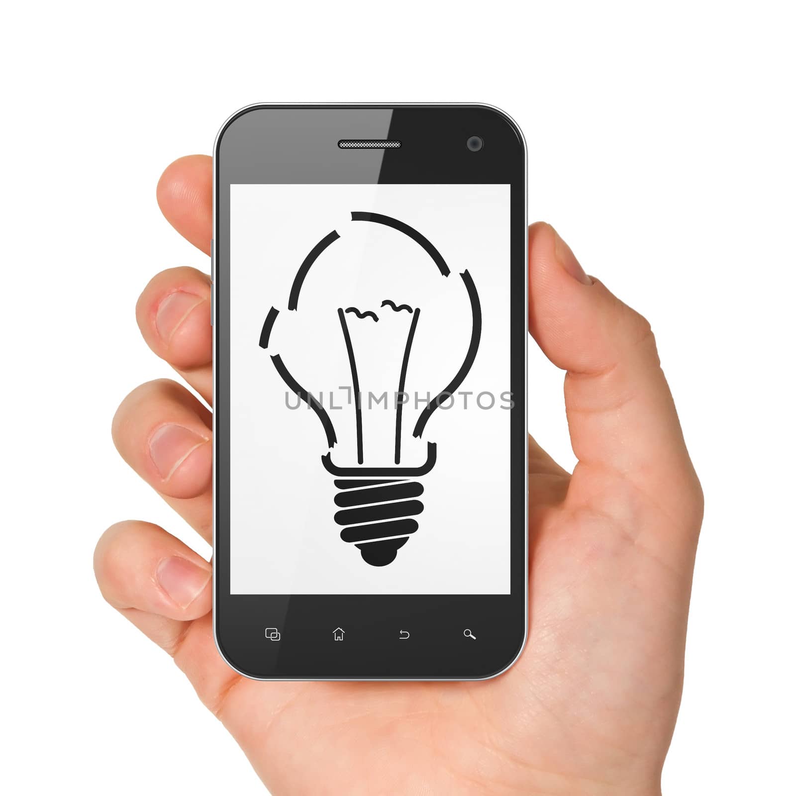 Business concept: hand holding smartphone with Light Bulb on display. Mobile smart phone on White background, 3d render
