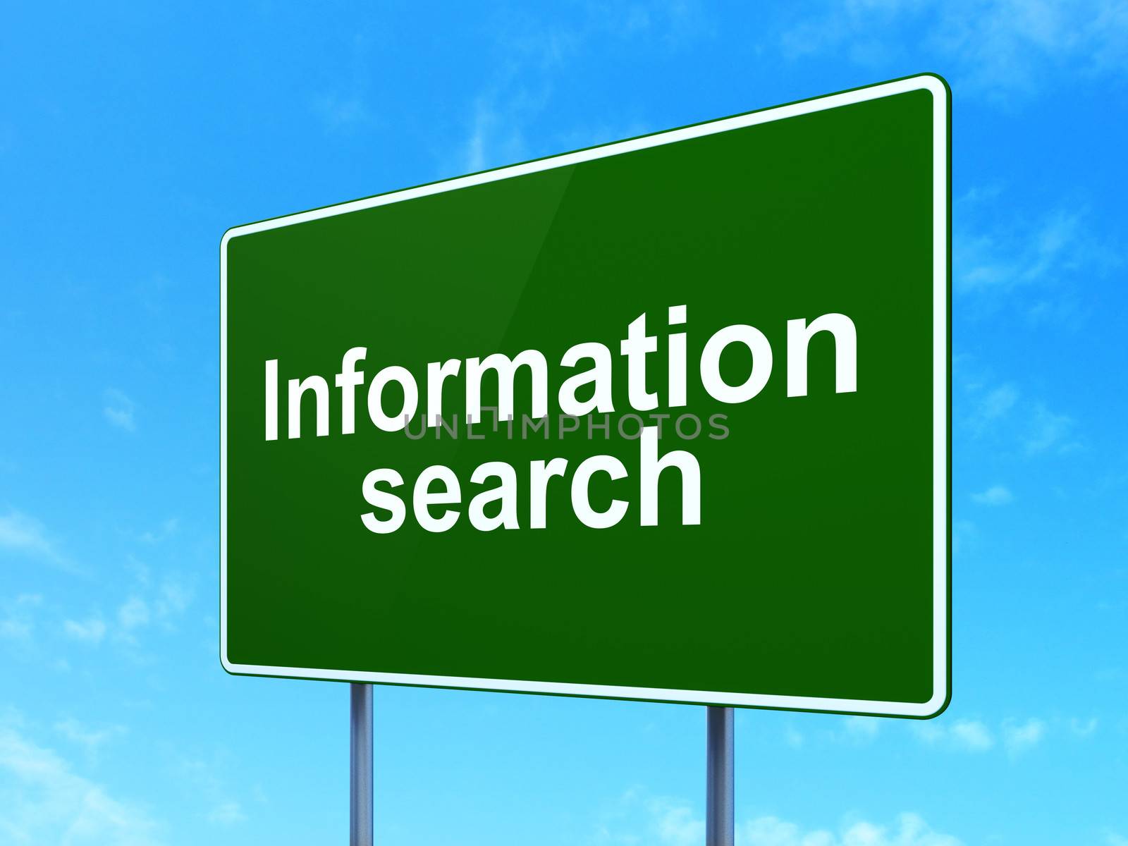 Information concept: Information Search on green road (highway) sign, clear blue sky background, 3d render