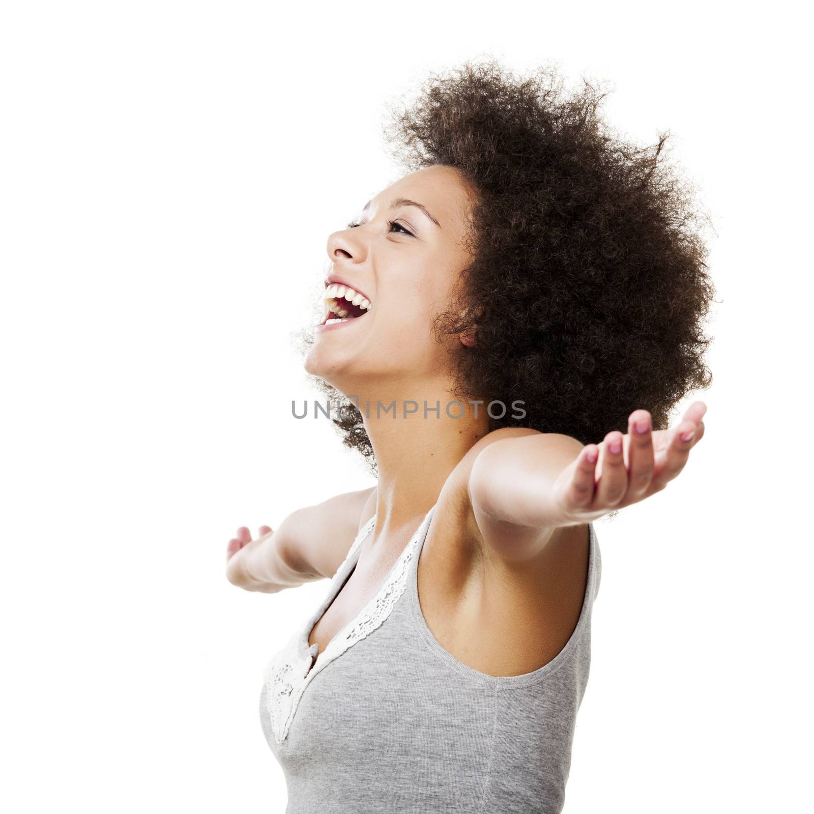 Beautiful african american with arms open, isolated on white background