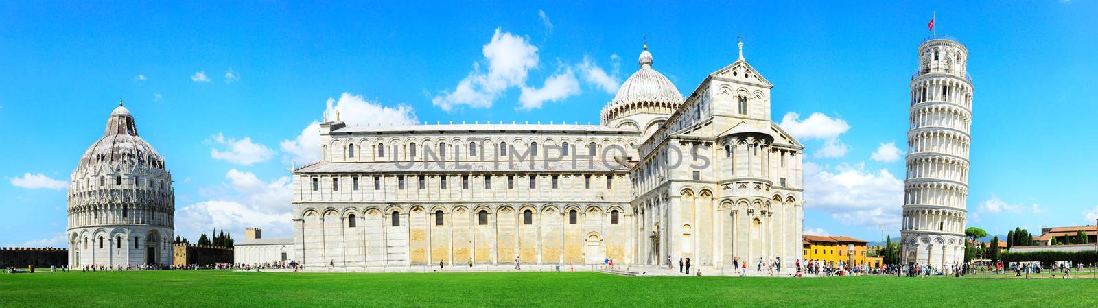 Piazza dei Miracoli complex with the leaning tower of Pisa , Italy 
