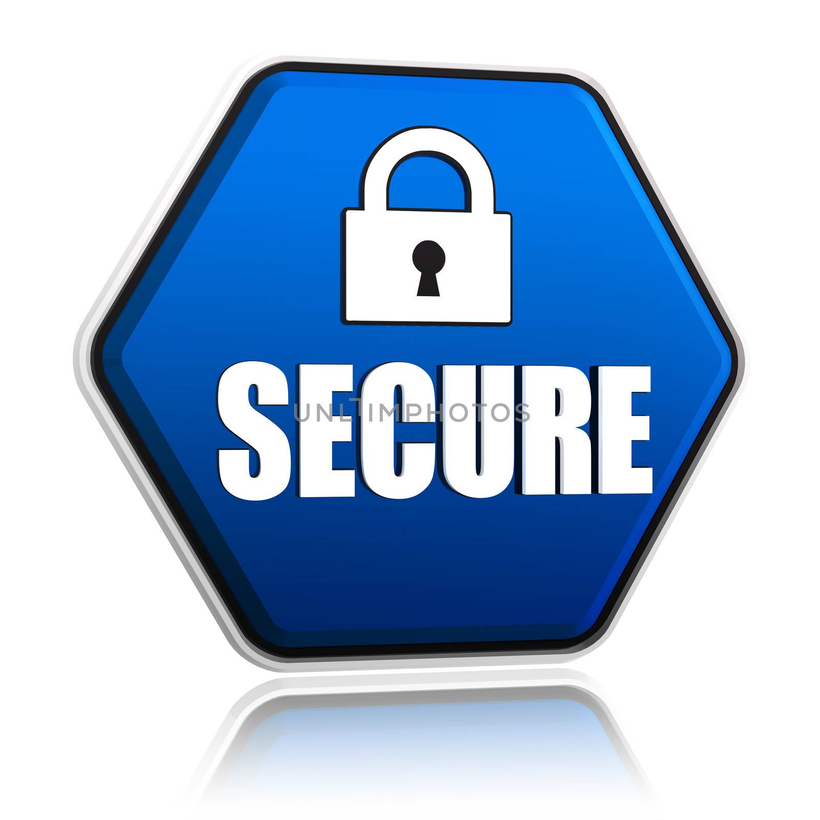 secure and padlock sign - 3d blue hexagon banner with white text and symbol, technical security concept