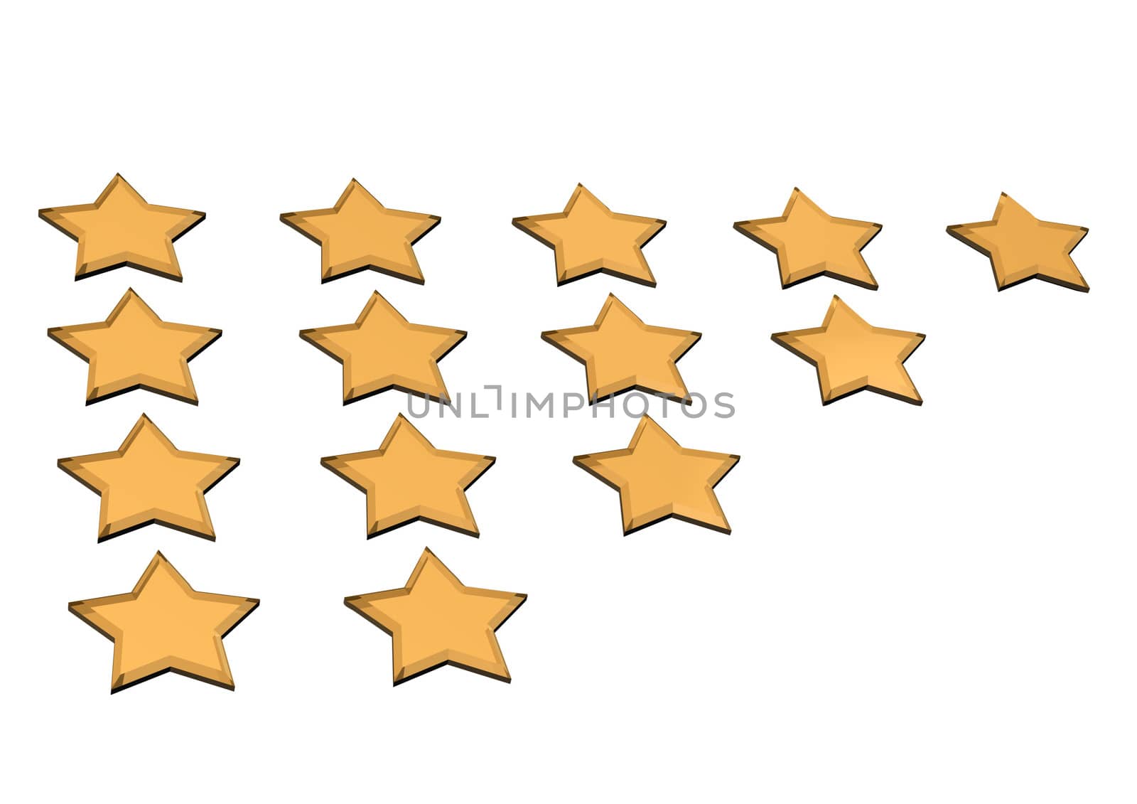 Gold Stars. Isolated on white. Three dimensional render.