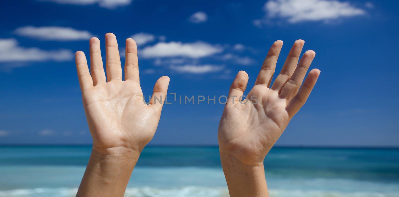 Female hands against a beautiful blue sky