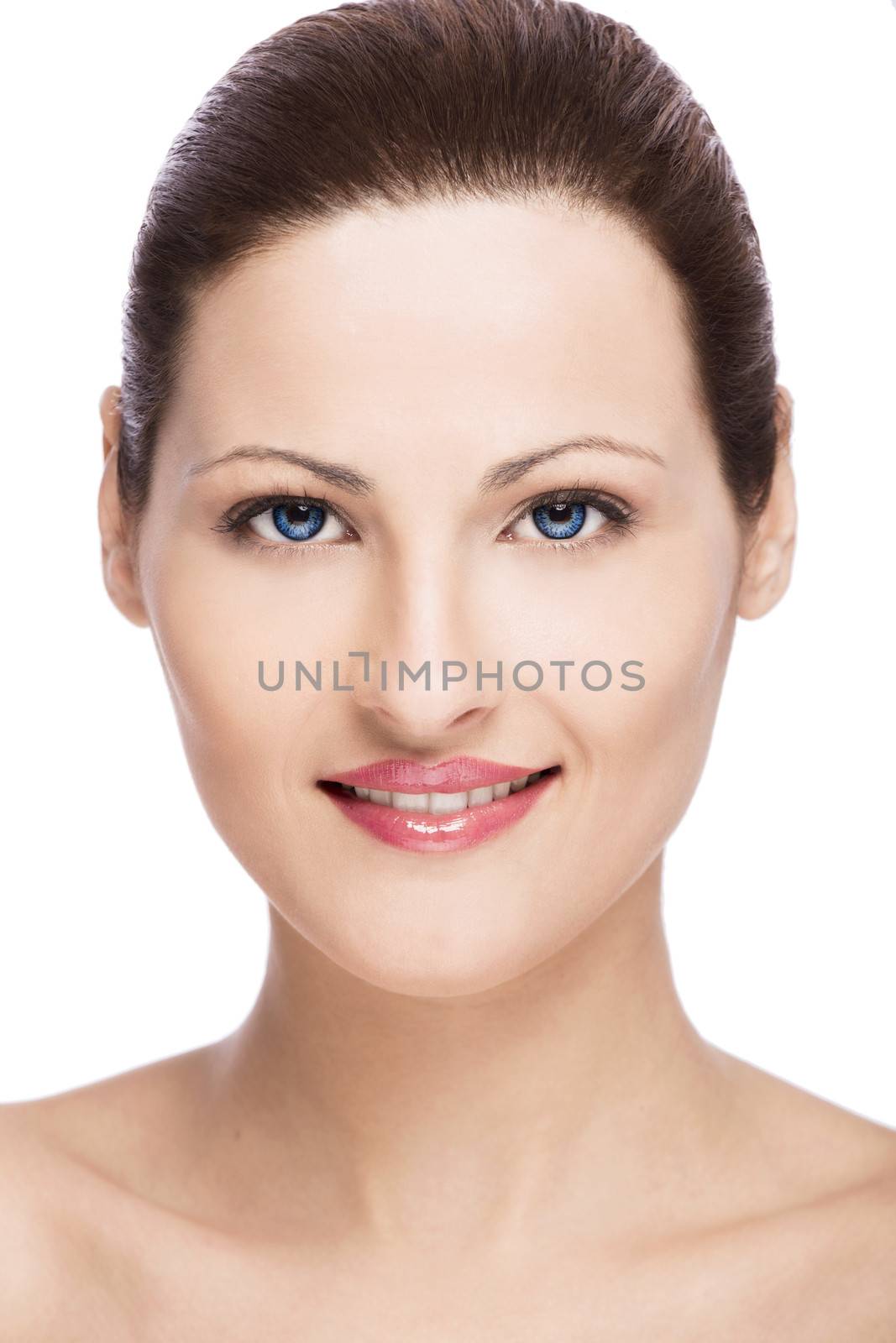 Beauty portrait of a young blonde woman, isolated on white background