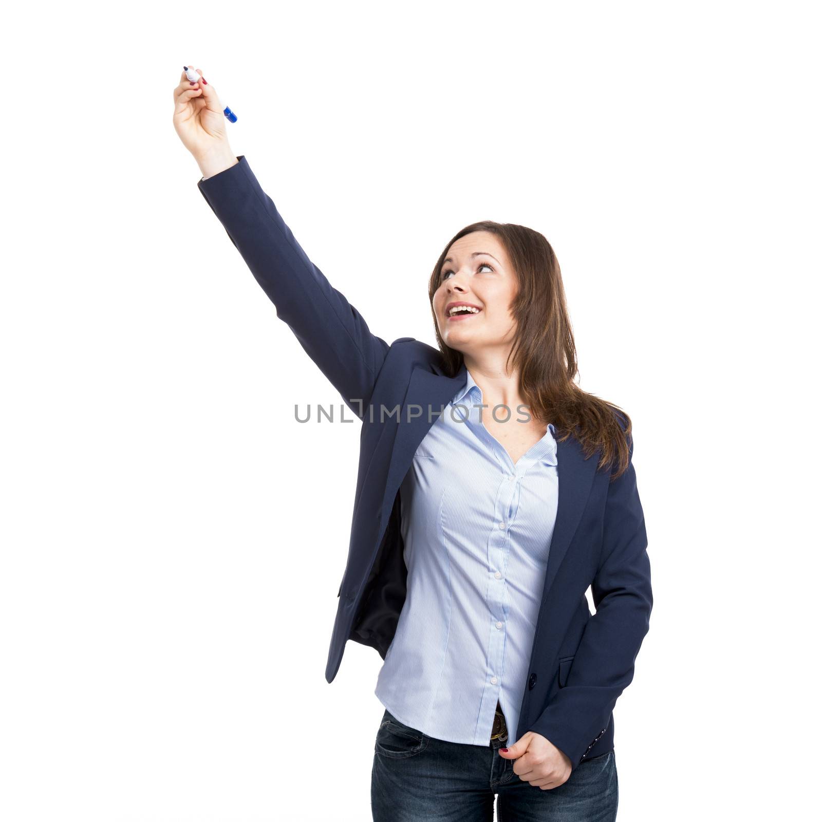 Beautiful woman drawing on a glass board, isolated over white background