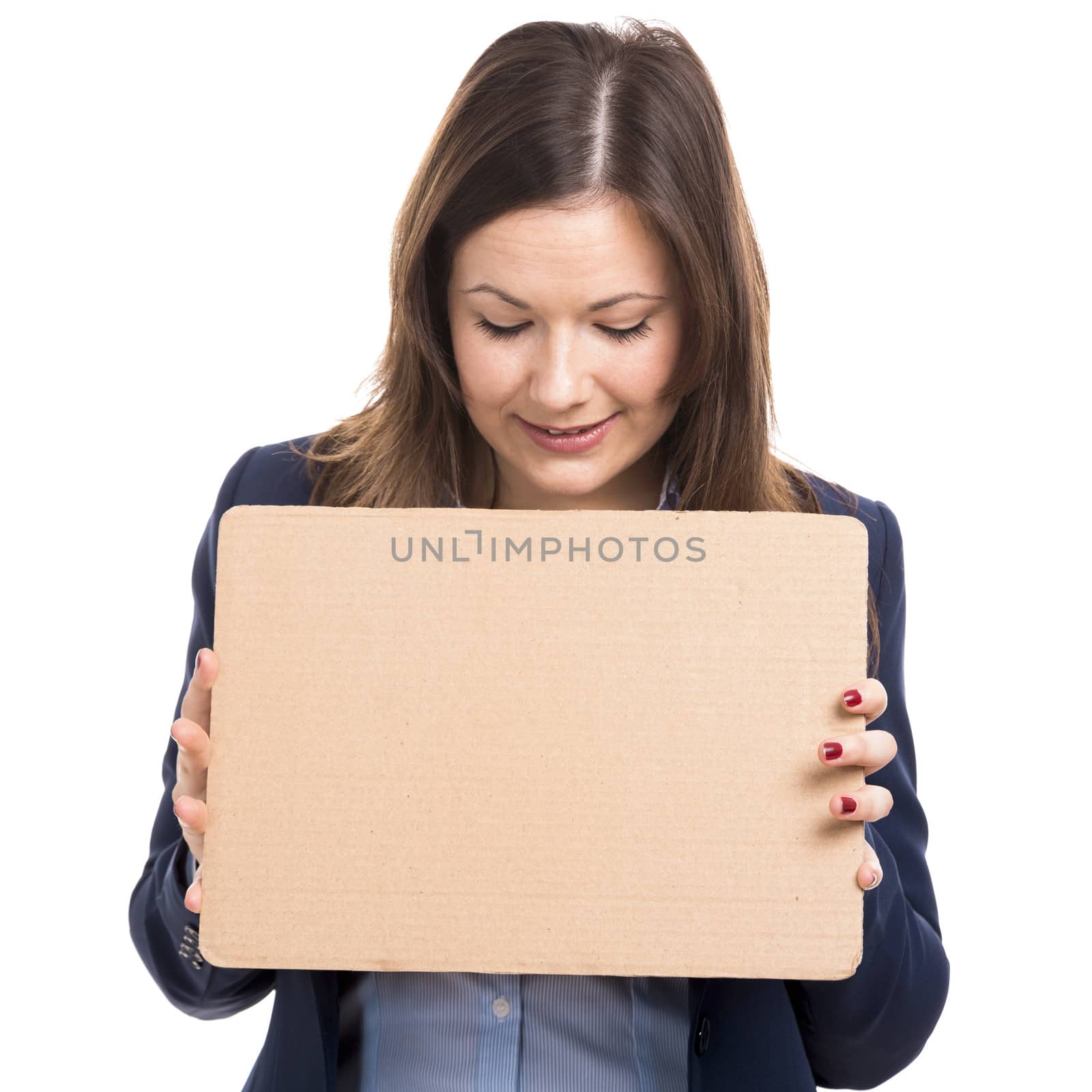 Business woman holding a cardboard, isolated over white background