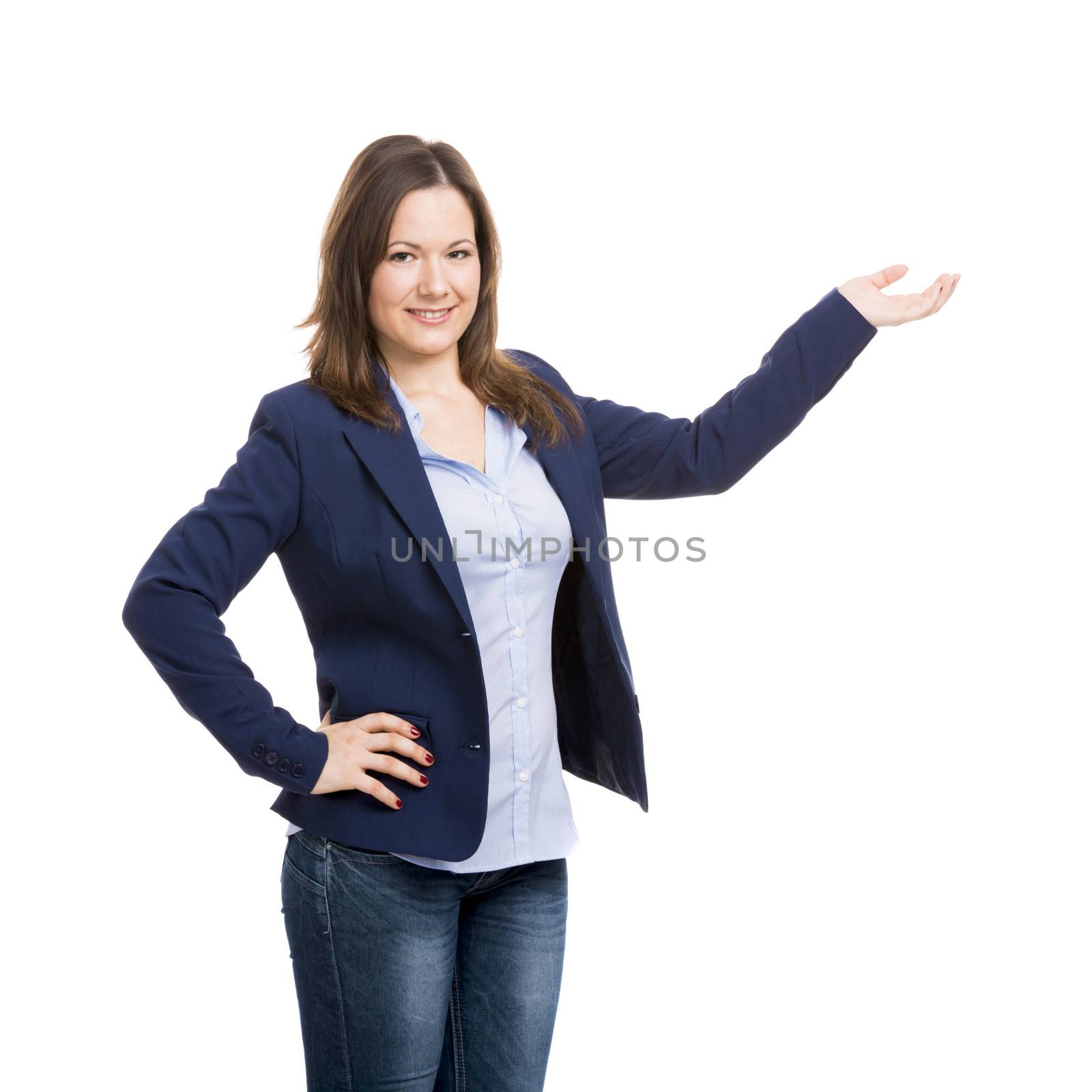 Business woman showing something with her left hand and looking to the camera, isolated over white