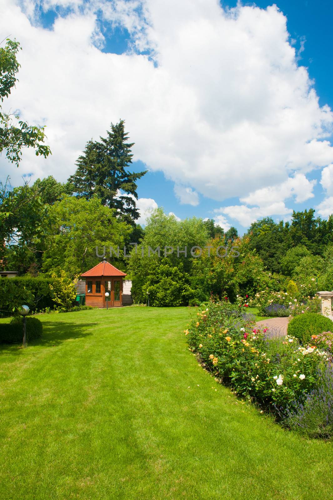 Beautiful garden with blooming roses and a small gazebo