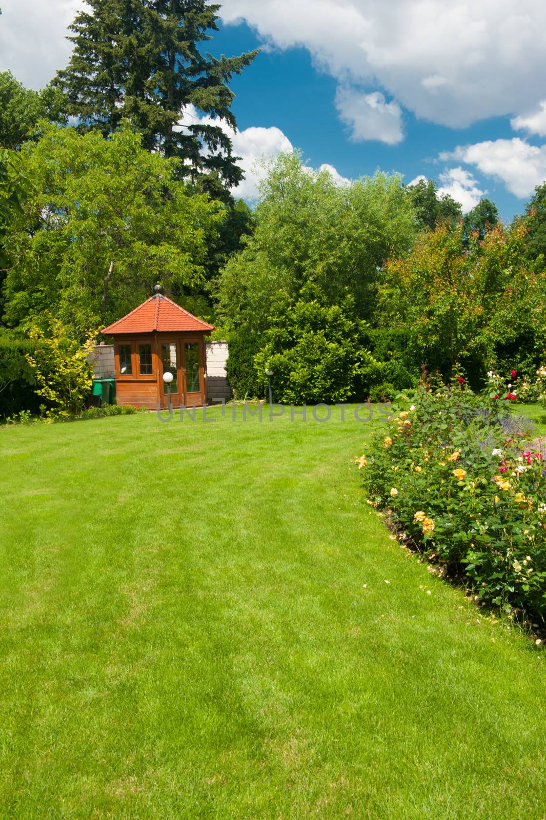 Beautiful garden with blooming roses and a small gazebo