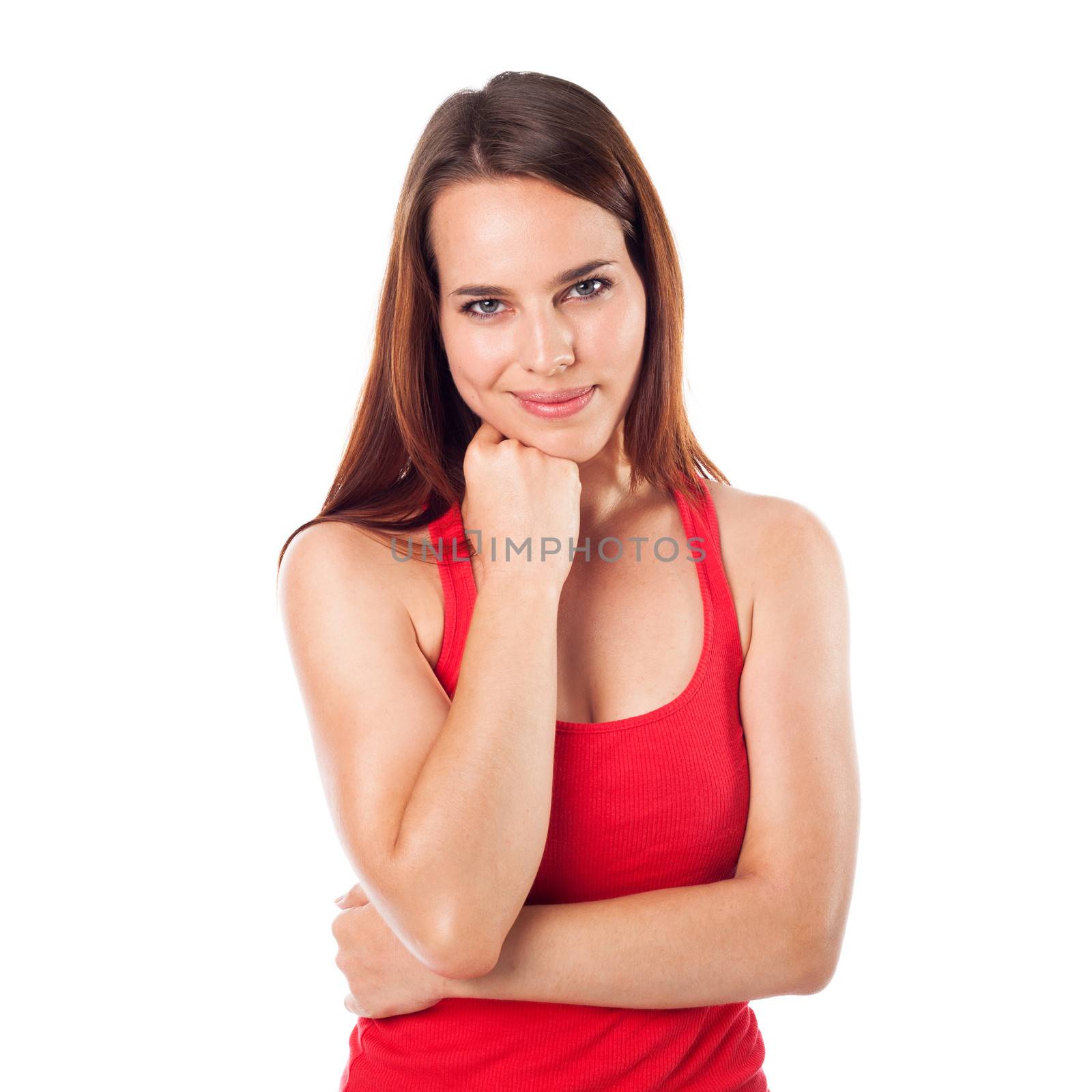 Young brunette smiling and looking in front, isolated on white