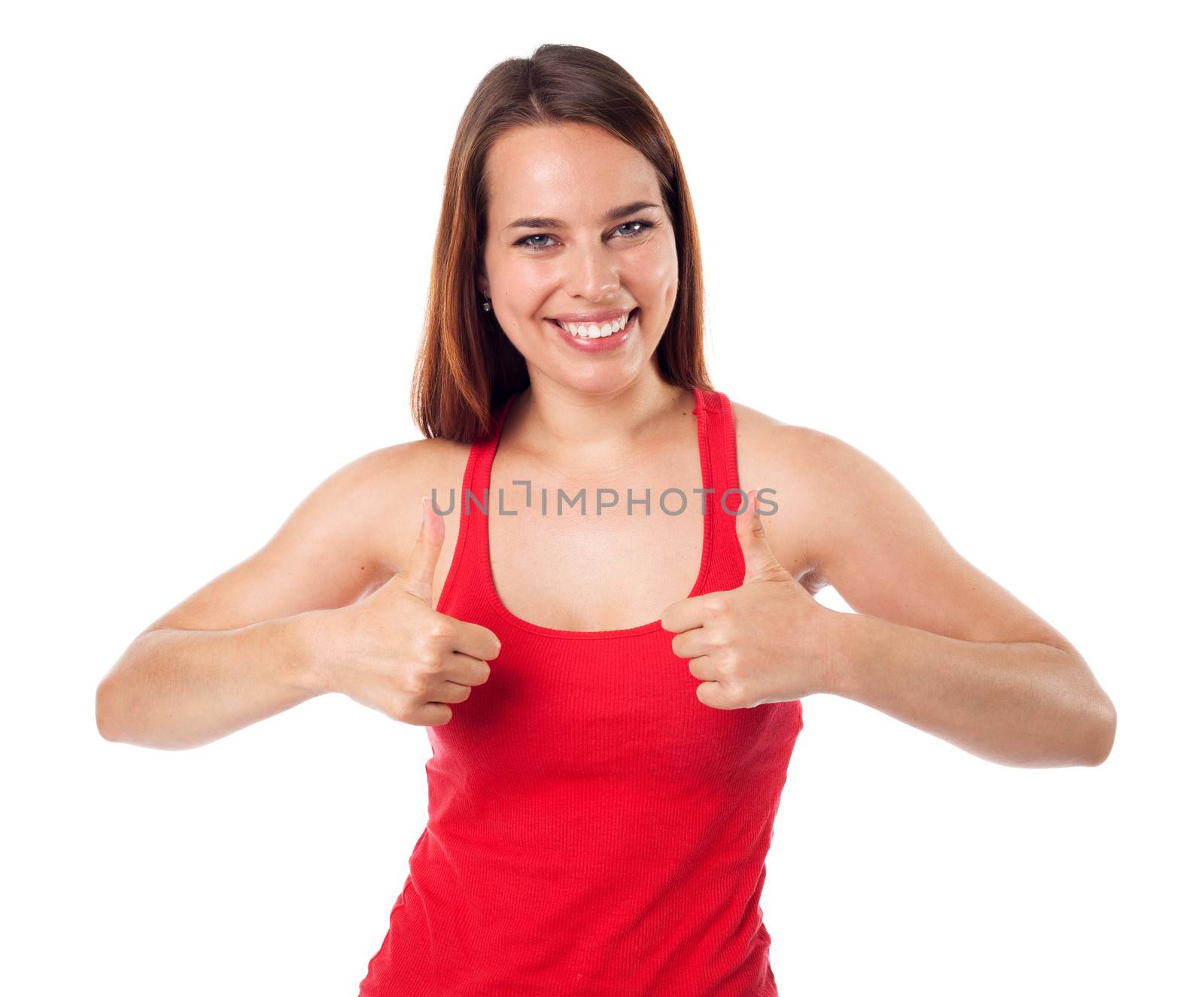 Cheerful young woman with a positive gesture, isolated on white