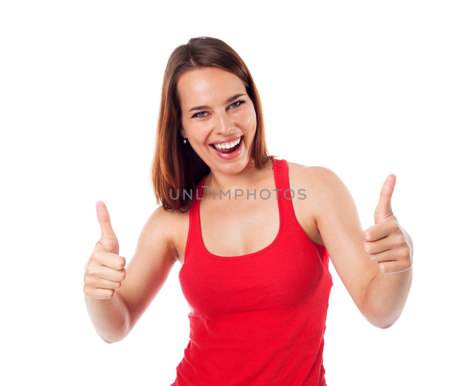 Happy young woman with a positive gesture, isolated on white