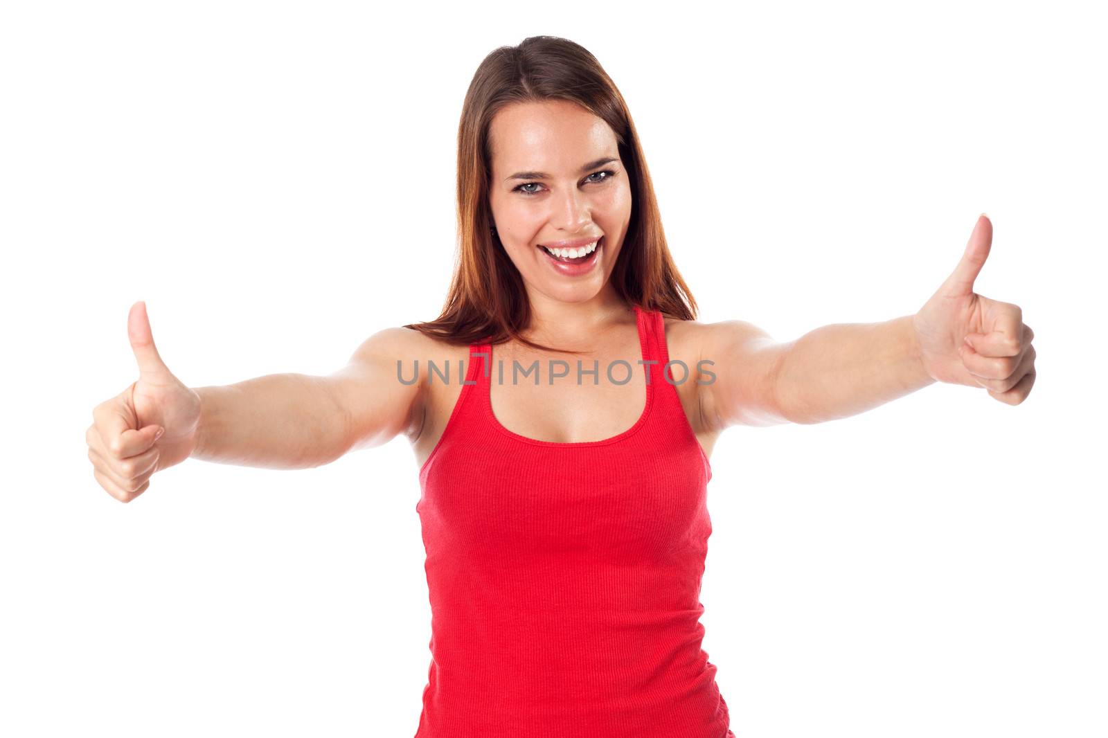 Happy young woman with a positive gesture, isolated on white