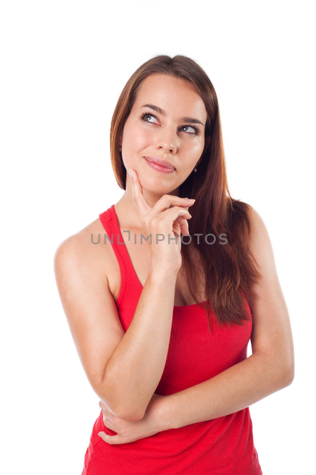 Young woman looking something, copyspace, isolated on white