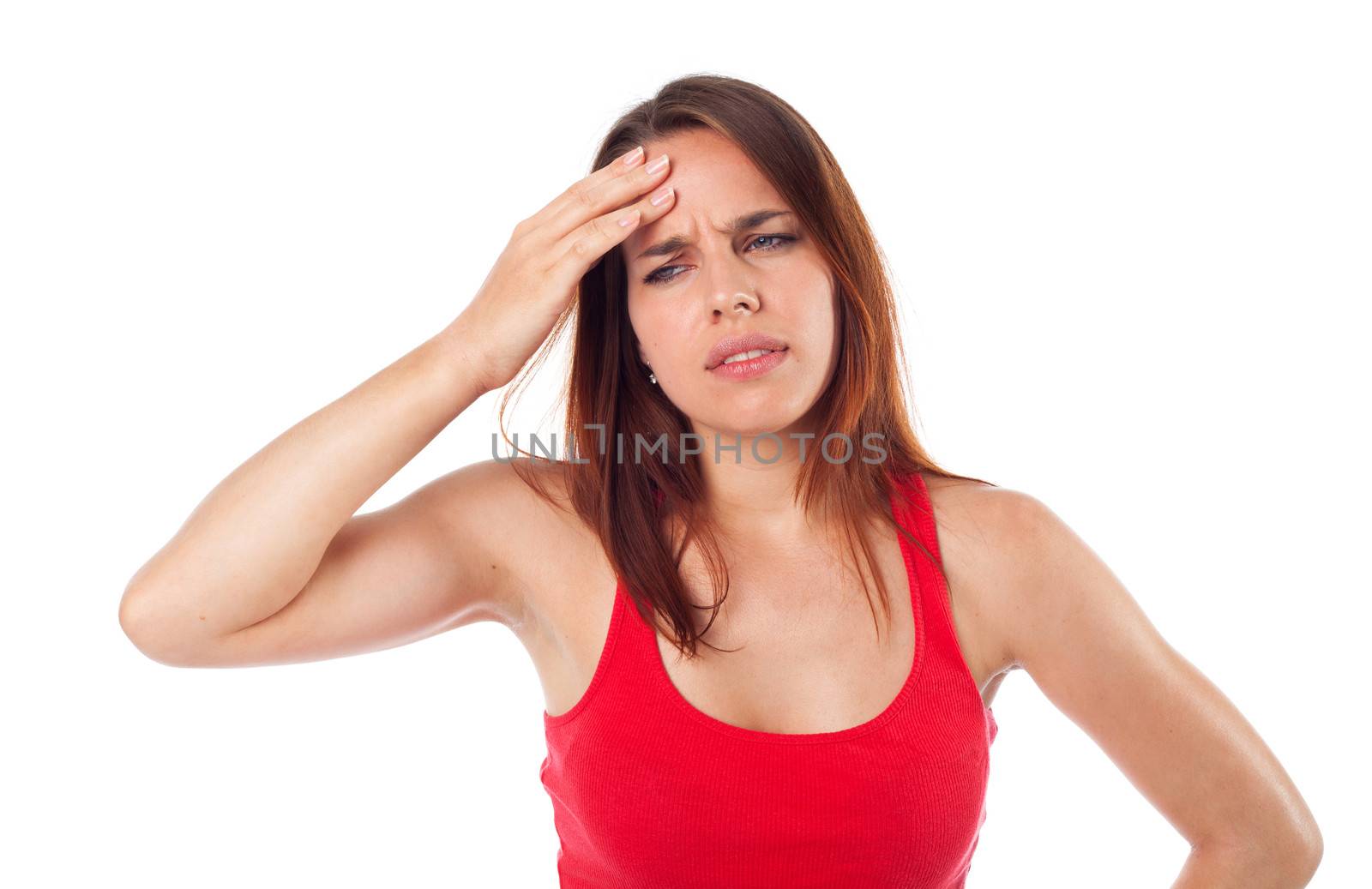 Portrait of a nice woman having a headache, isolated on white