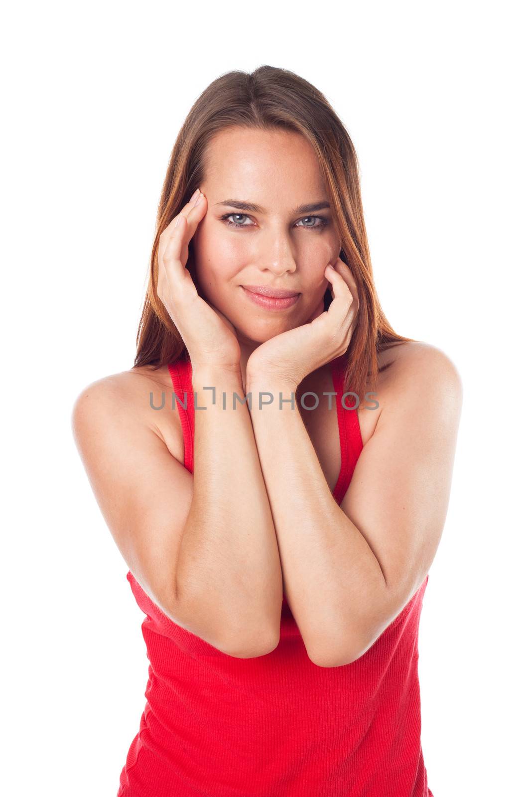 Portrait of a nice girl having a very sweet gesture, isolated on white