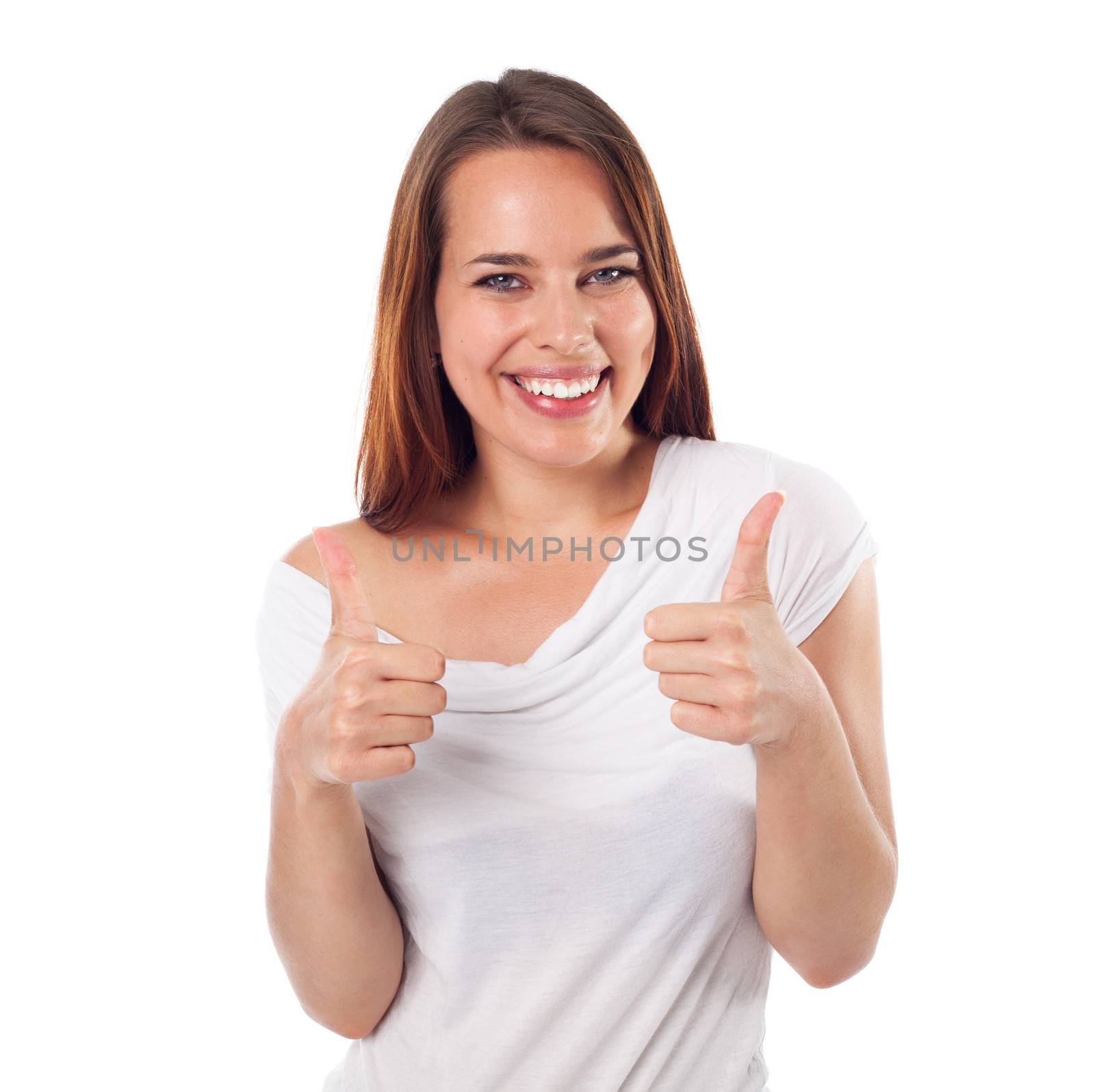 Smiling young woman with a positive gesture, isolated on white