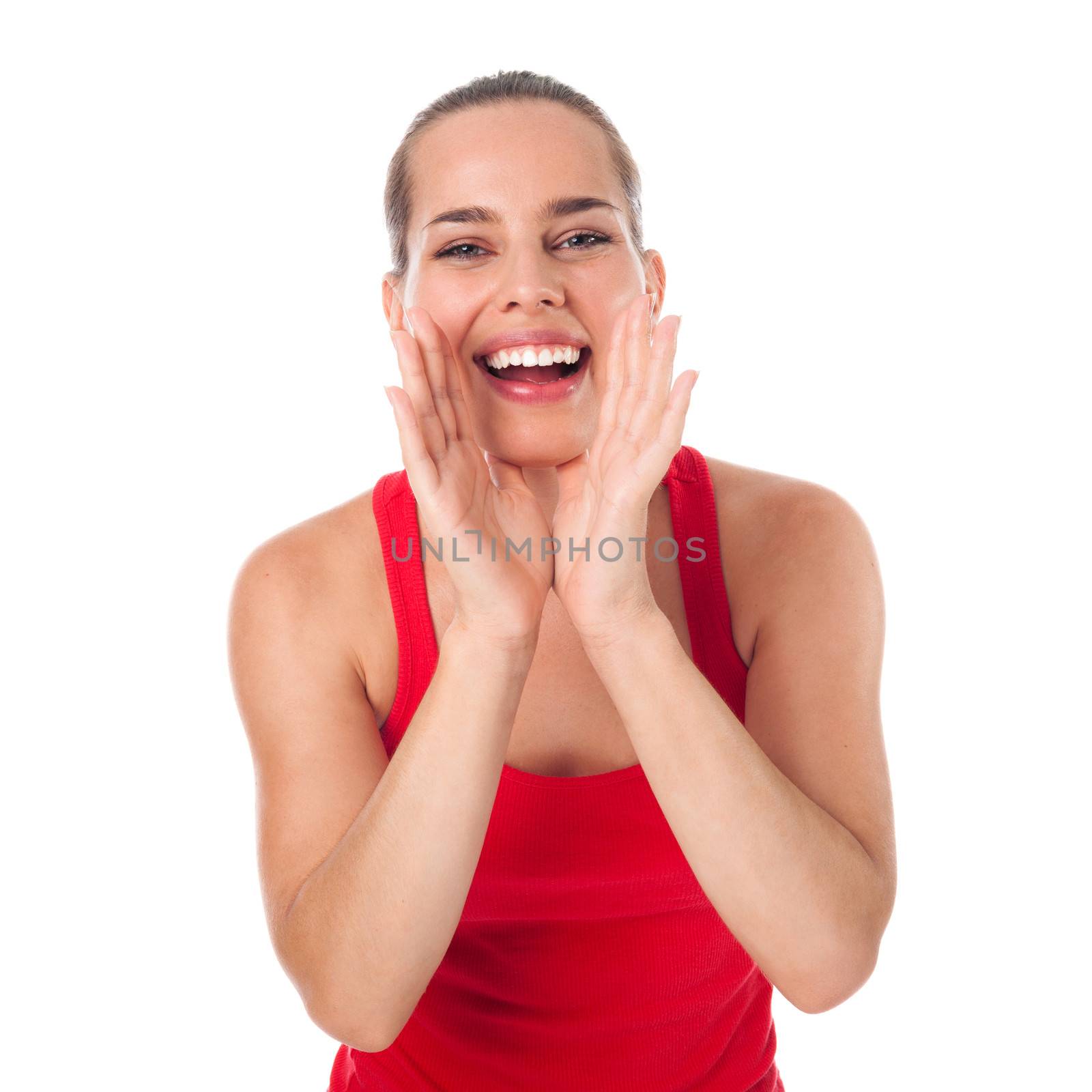 Young woman saying something with opened hands around her mouth, isolated on white