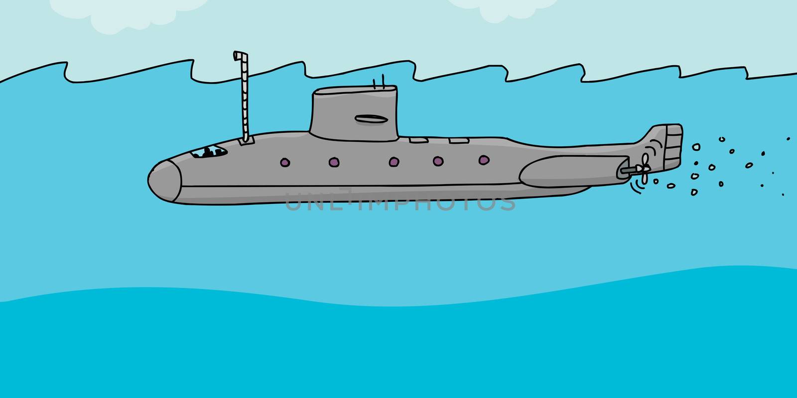 Cartoon submarine with periscope above the water