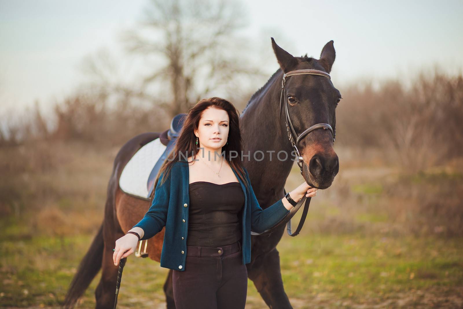 Young woman with a horse on nature