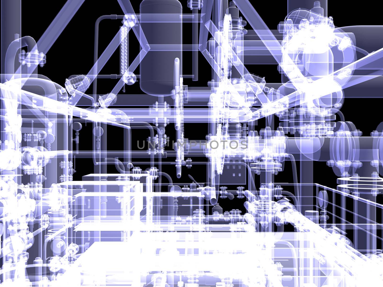 Industrial equipment. X-Ray render isolated on a black background