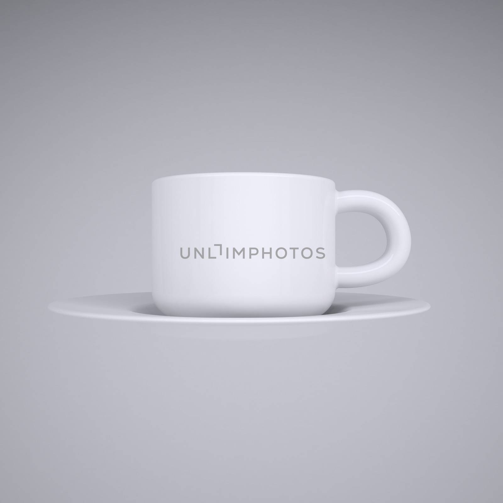 White coffee cup and saucer. Render on a gray background