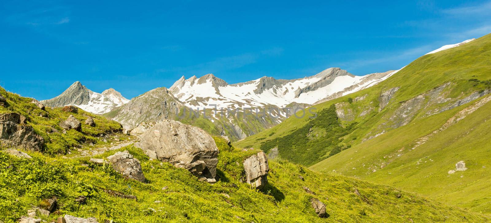 Mountain landscape with meadows and snow-capped peaks and a hiking trail