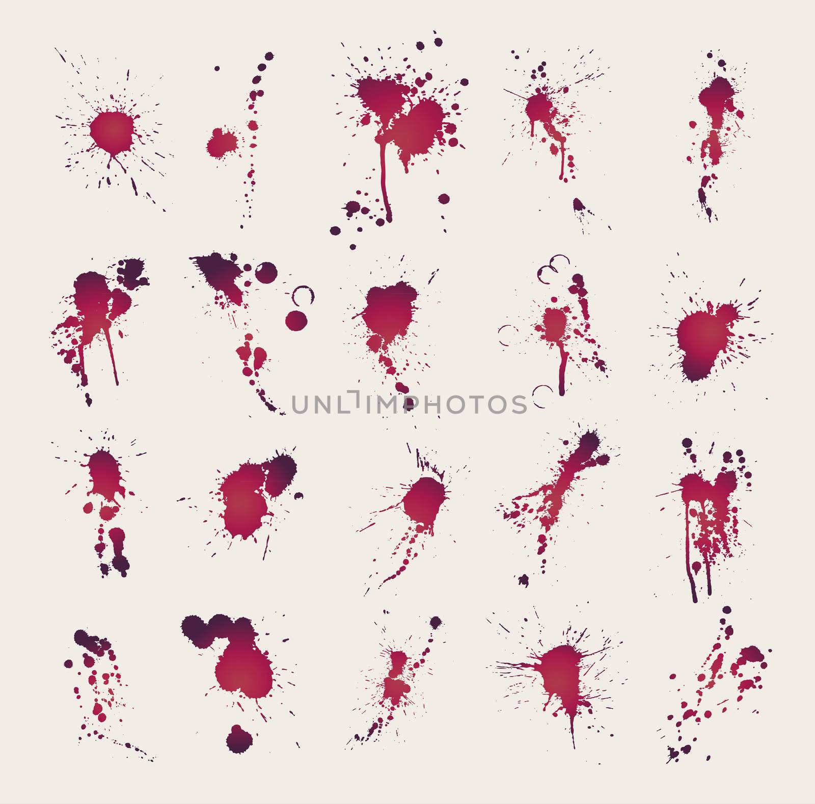 Twenty pieces of grungy ink splatters and stain design elements