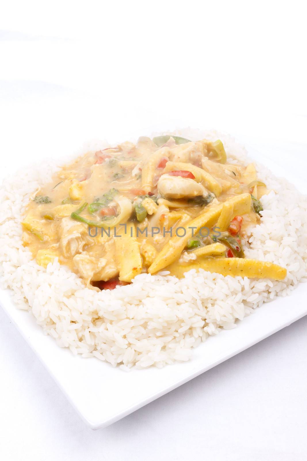 diced chicken in coconut curry sauce served with rice