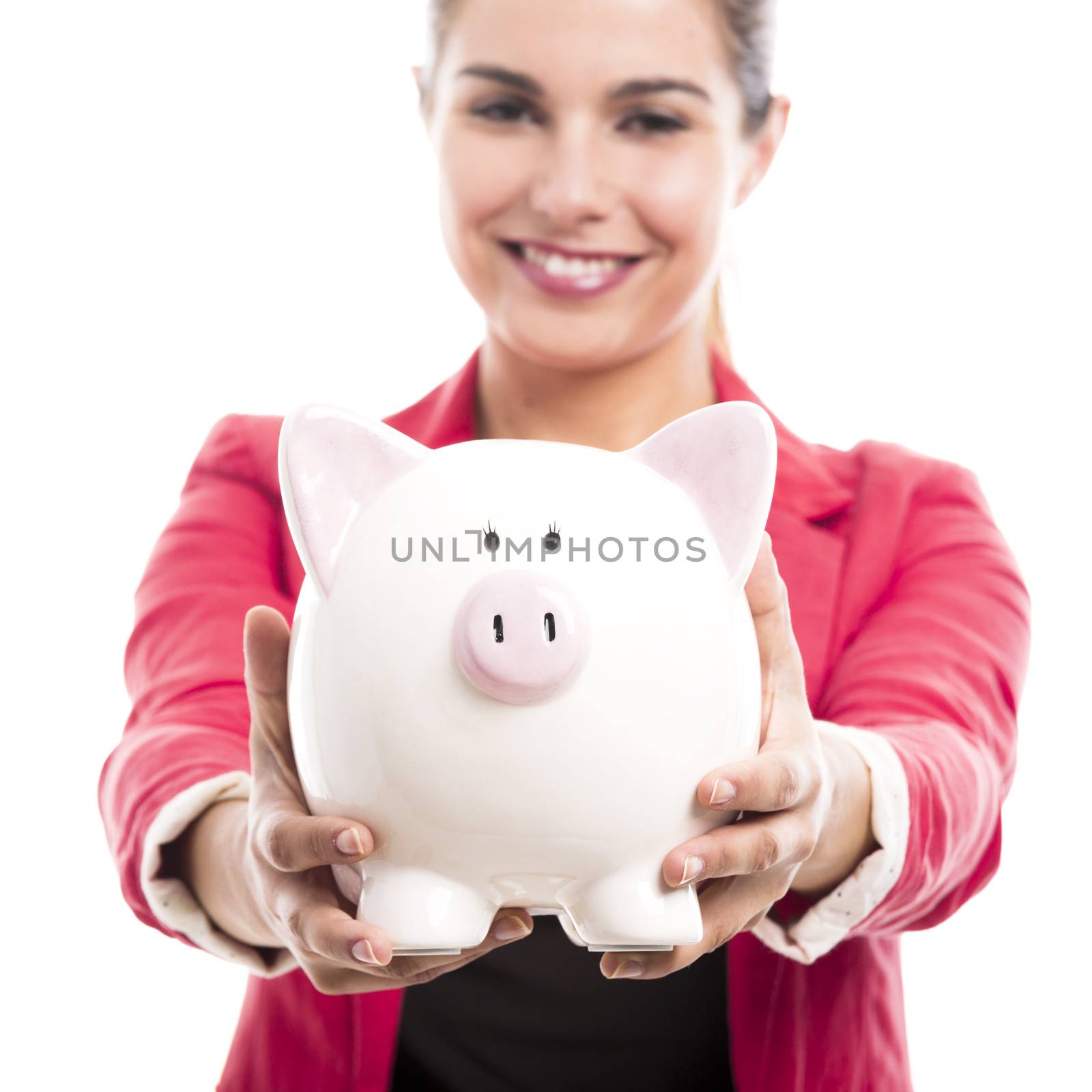 Business woman with a piggy bank by Iko