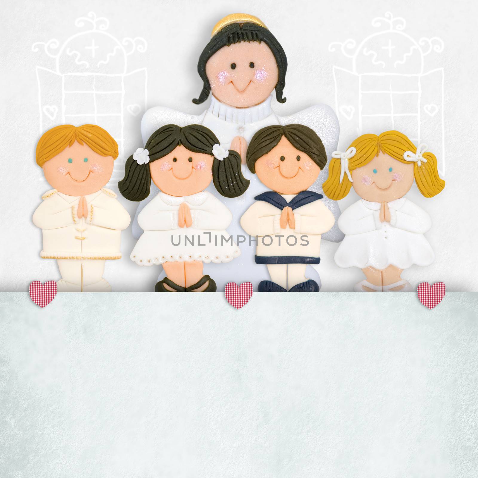 first communion invitation angel and children in the church with empty space to fill with name and place