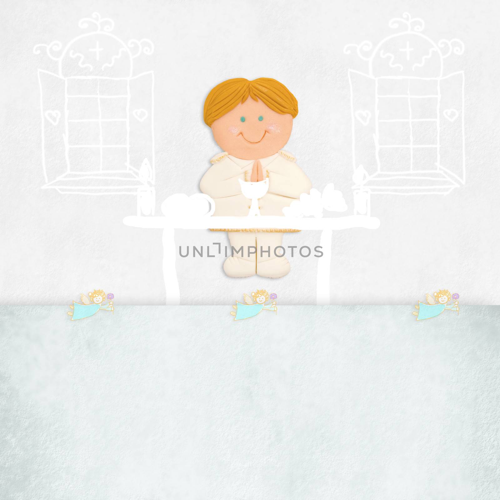 first communion invitation blond boy on the altar and space for name and place