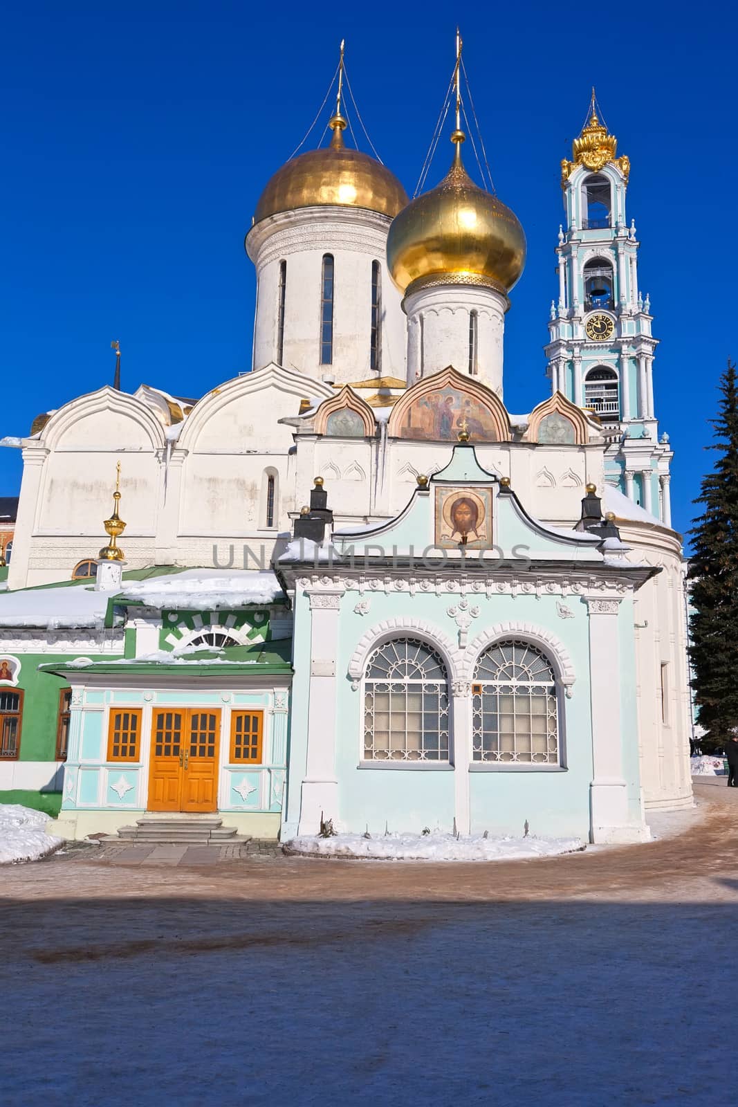 Beautiful and ancient  cathedral in monastery of Sergiev Posad, Russia