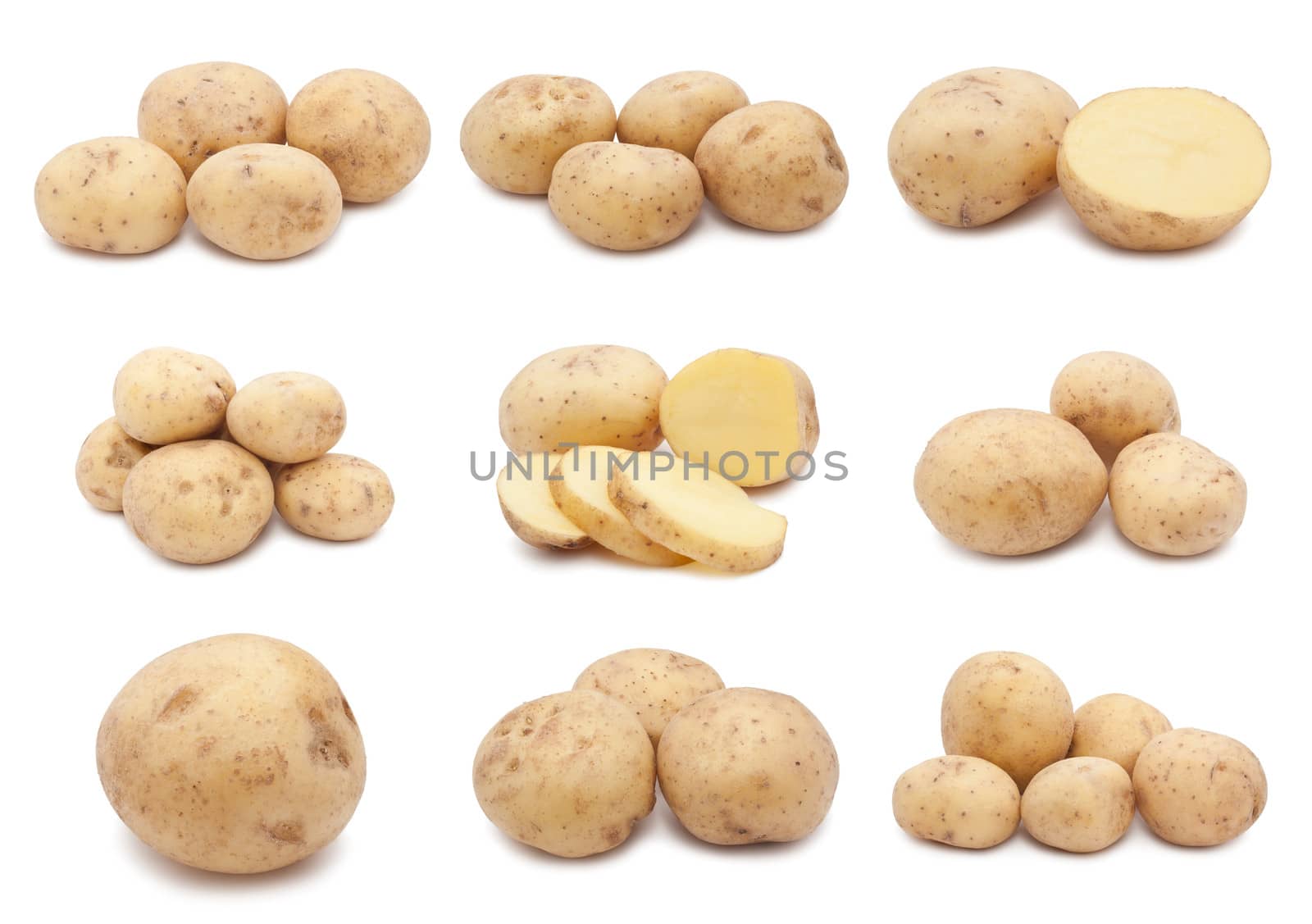 Collection of fresh potatoes isolated on white background