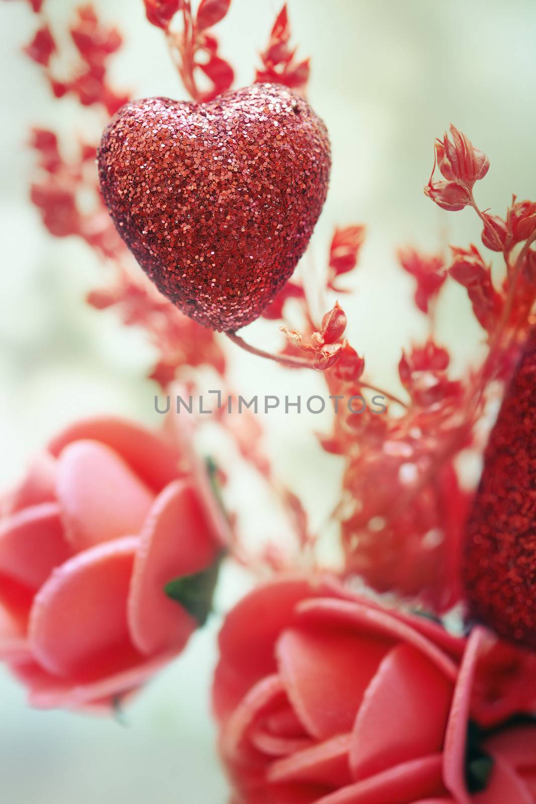 Close-up photo of the heart and flower decoration as a symbol of Saint Valentine day