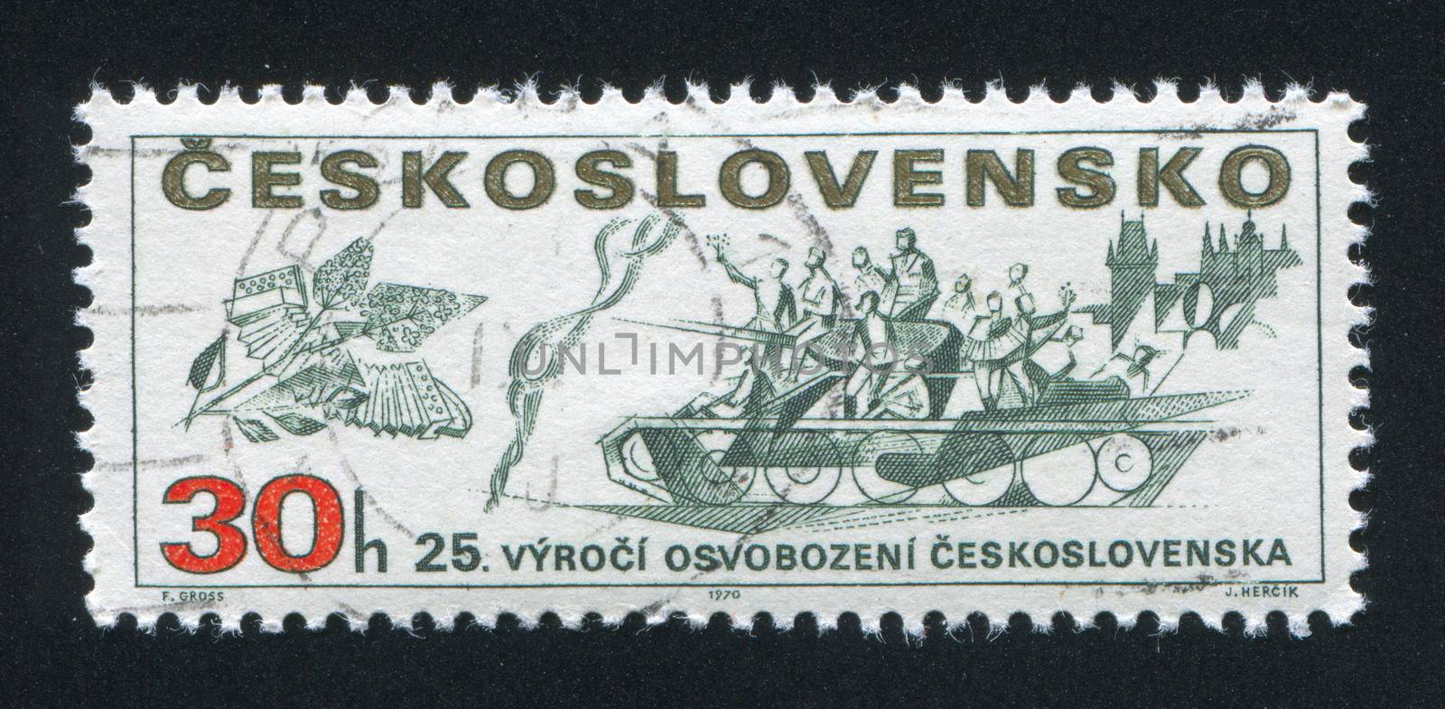 CZECHOSLOVAKIA - CIRCA 1970: stamp printed by Czechoslovakia, shows Lilac, tank and castle, circa 1970