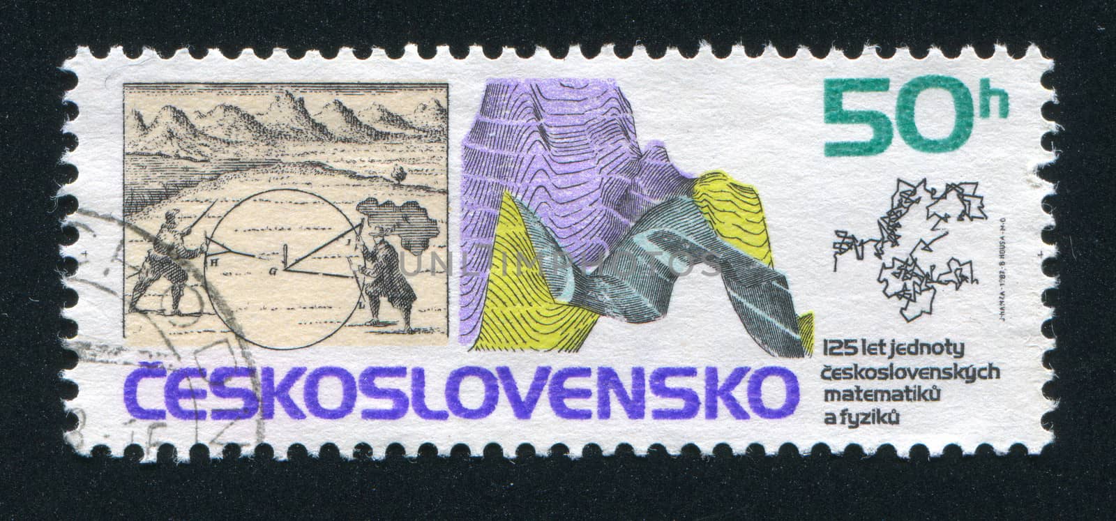 CZECHOSLOVAKIA - CIRCA 1987: stamp printed by Czechoslovakia, shows Geographical measurement from A.M. Malletta���s book, 1672, earth fold and Brownian motion diagrams, circa 1987