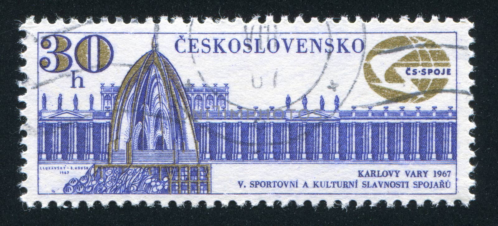 CZECHOSLOVAKIA - CIRCA 1967: stamp printed by Czechoslovakia, shows Colonnade and Spring, Karlovy Vary and Communications Emblem, circa 1967