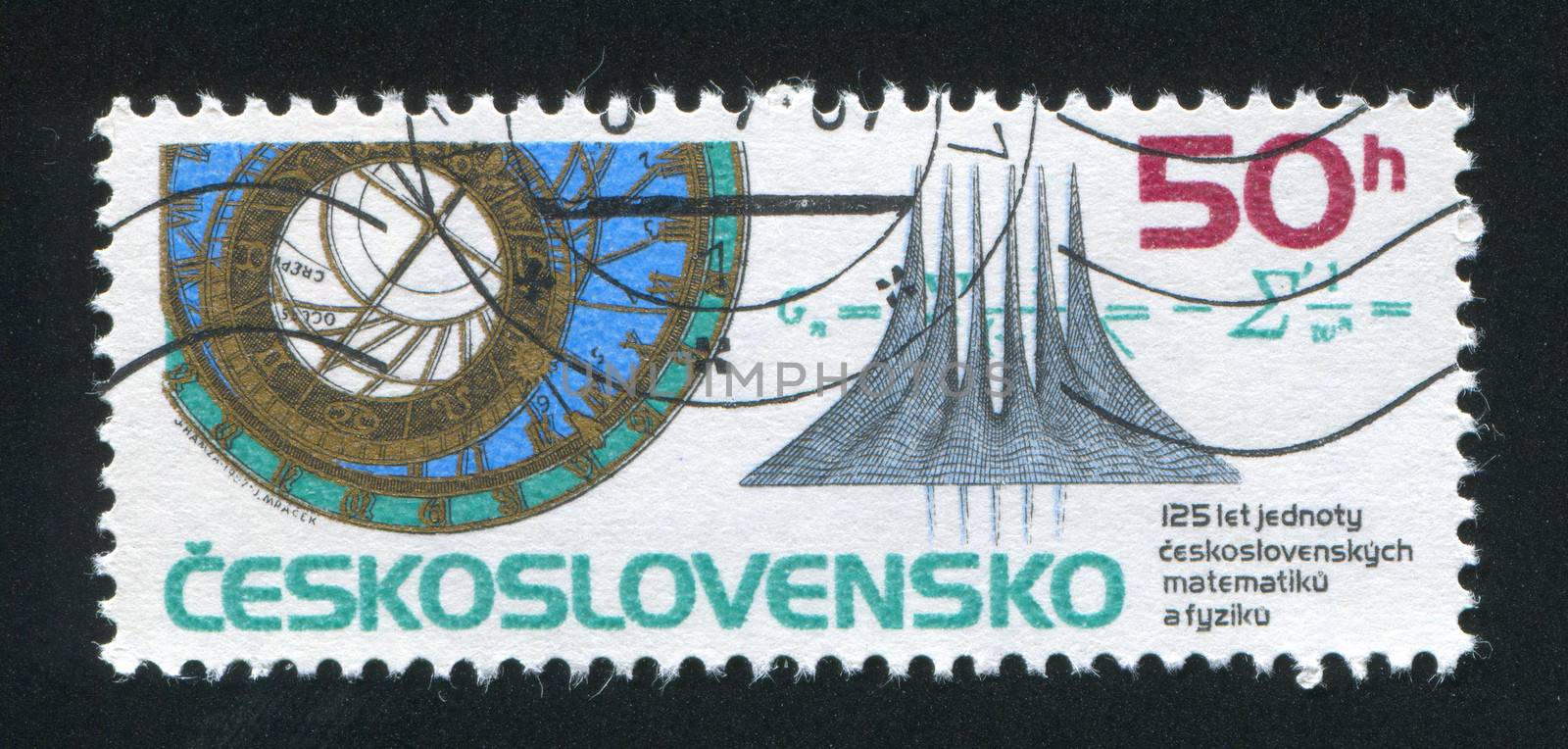 CZECHOSLOVAKIA - CIRCA 1987: stamp printed by Czechoslovakia, shows Prague town hall mathematical clock and theory of functions diagram, circa 1987