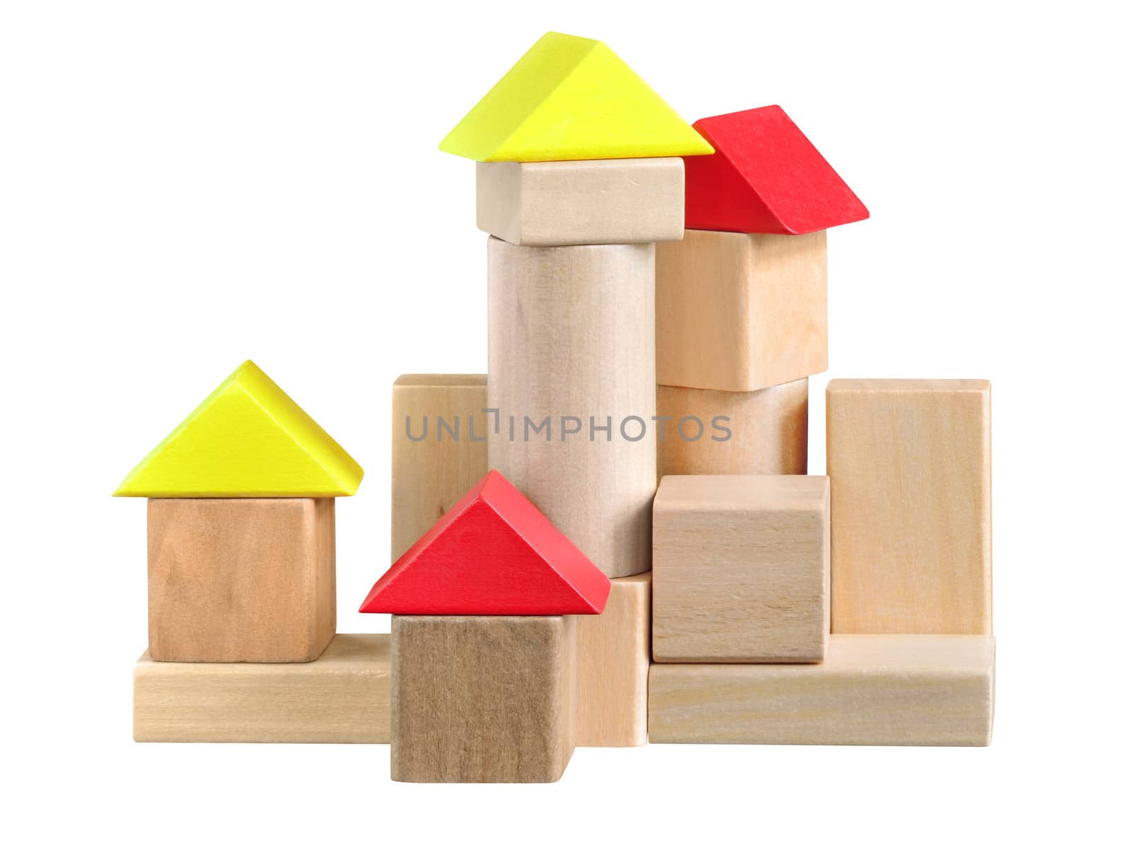 Building made of wooden blocks toy. Isolated with path on white.