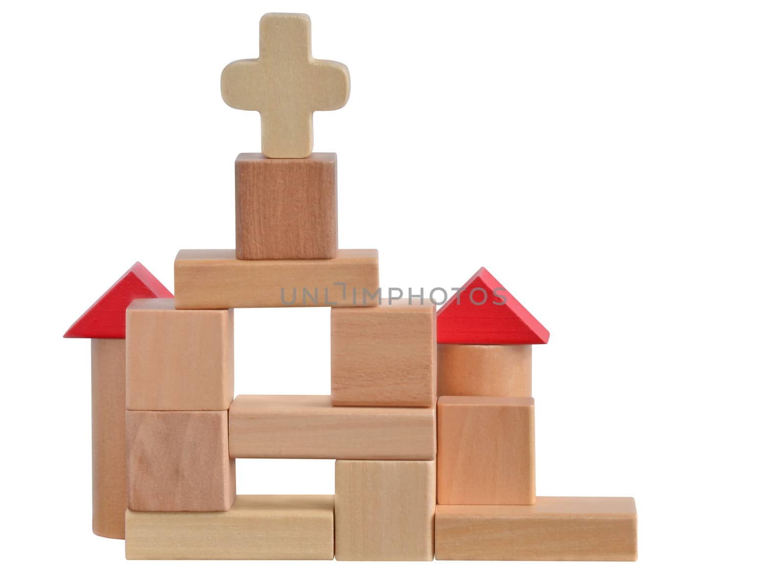 Small church build with wooden blocks toy. Isolated on white background with path.