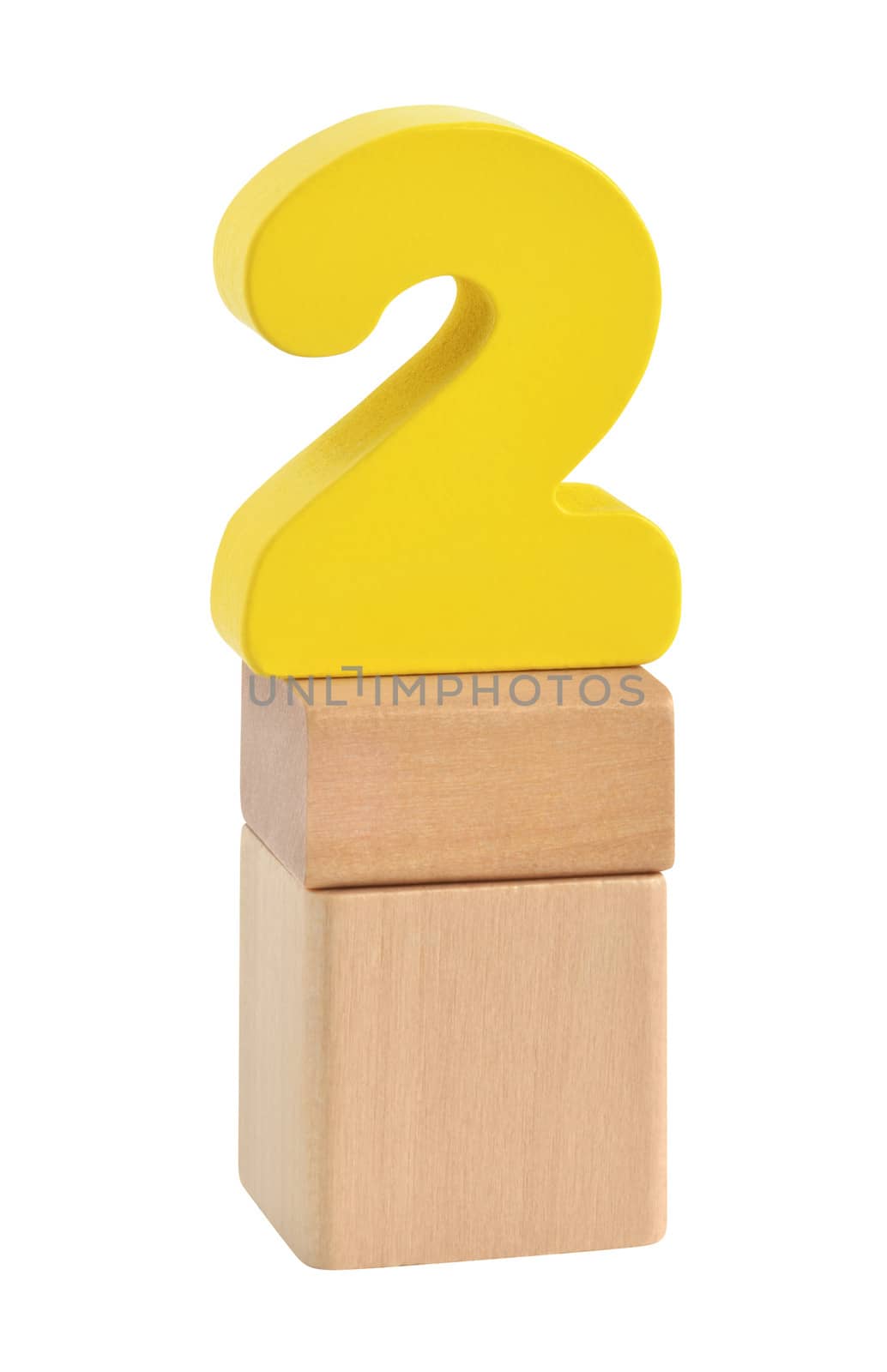 Number two made of wooden blocks toy. Isolated on white background with path.